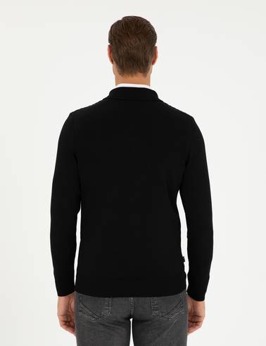 Siyah Regular Fit Fermuarlı Polo Yaka Triko Kazak