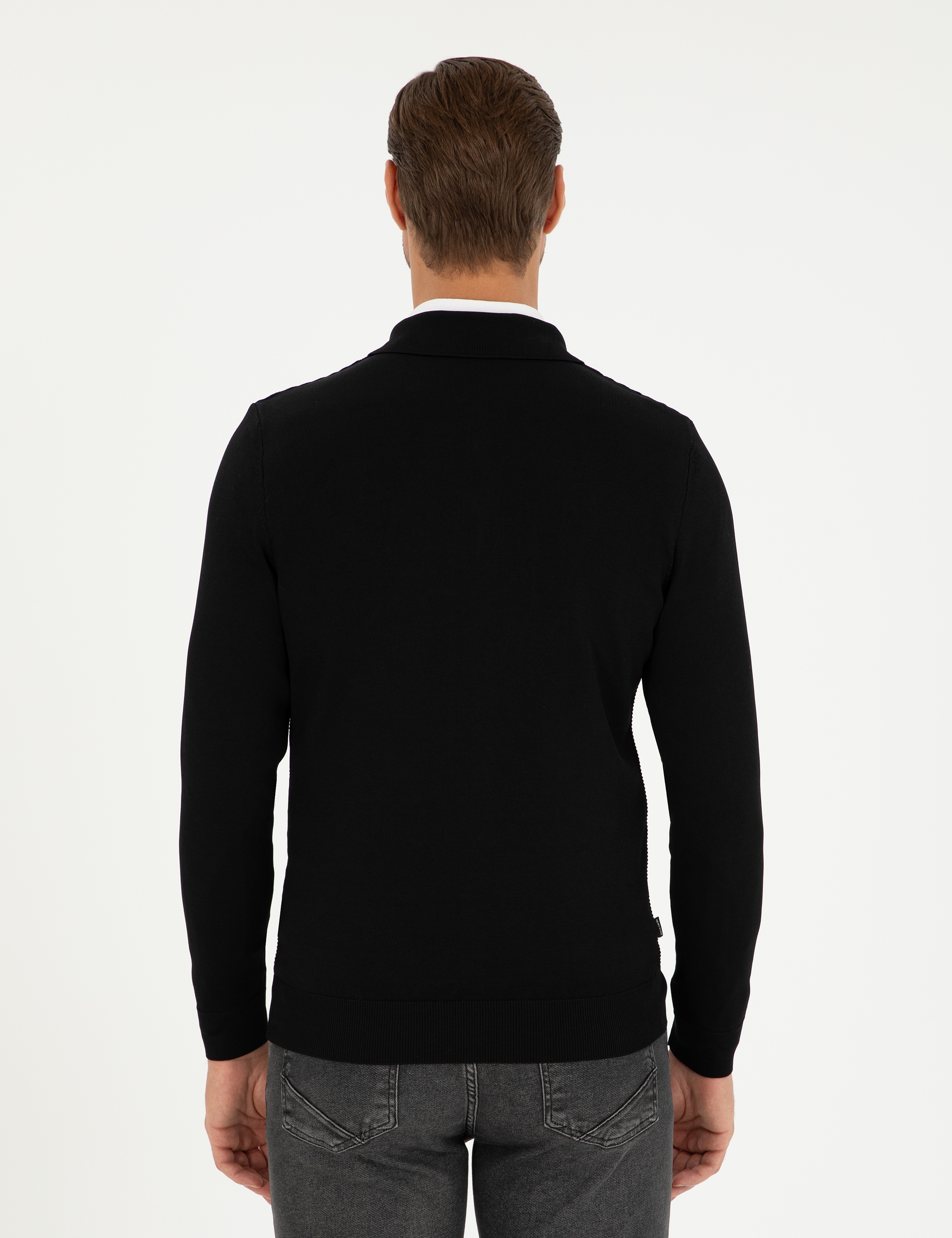 Siyah Regular Fit Fermuarlı Polo Yaka Triko Kazak - Image 5