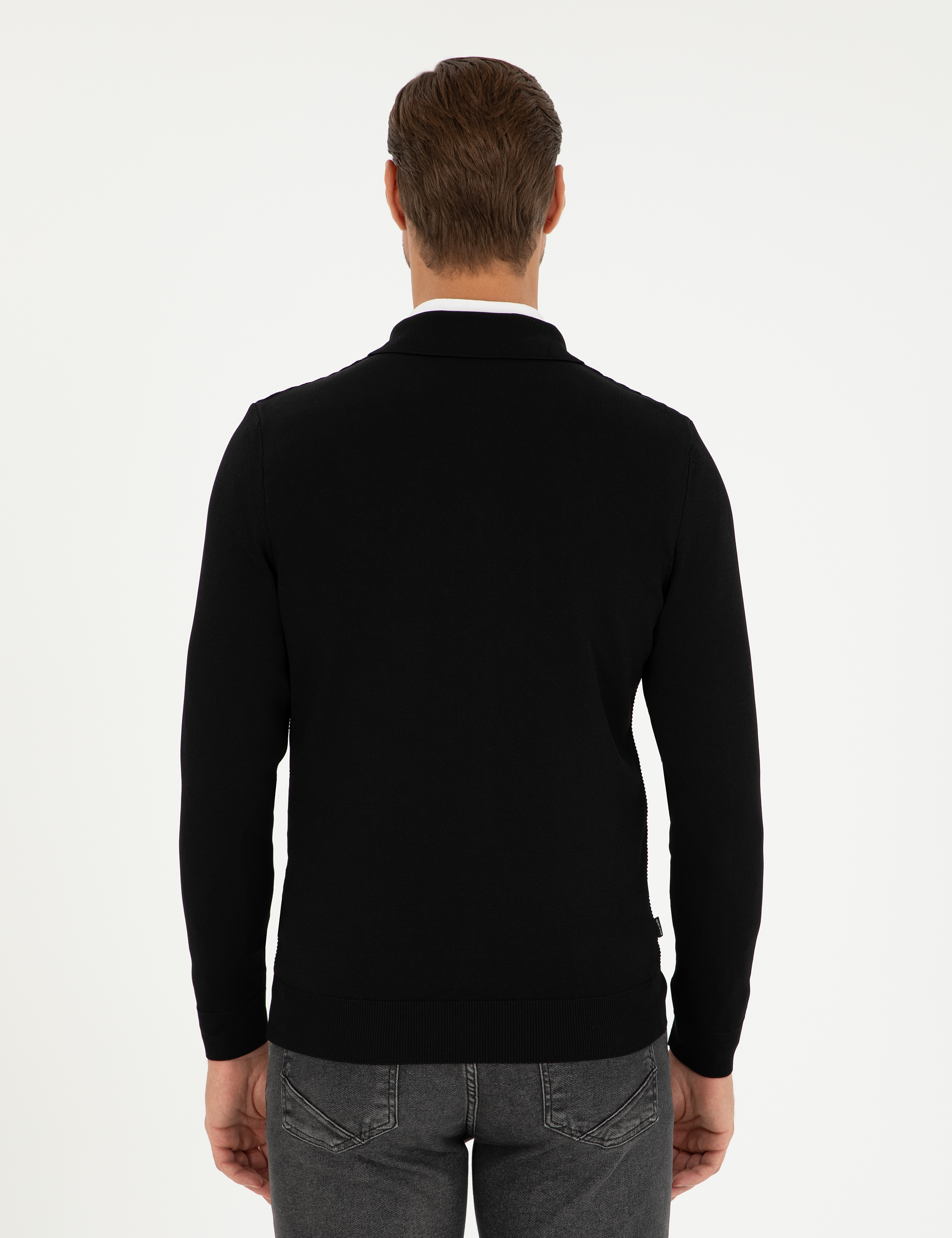 Siyah Regular Fit Fermuarlı Polo Yaka Triko Kazak