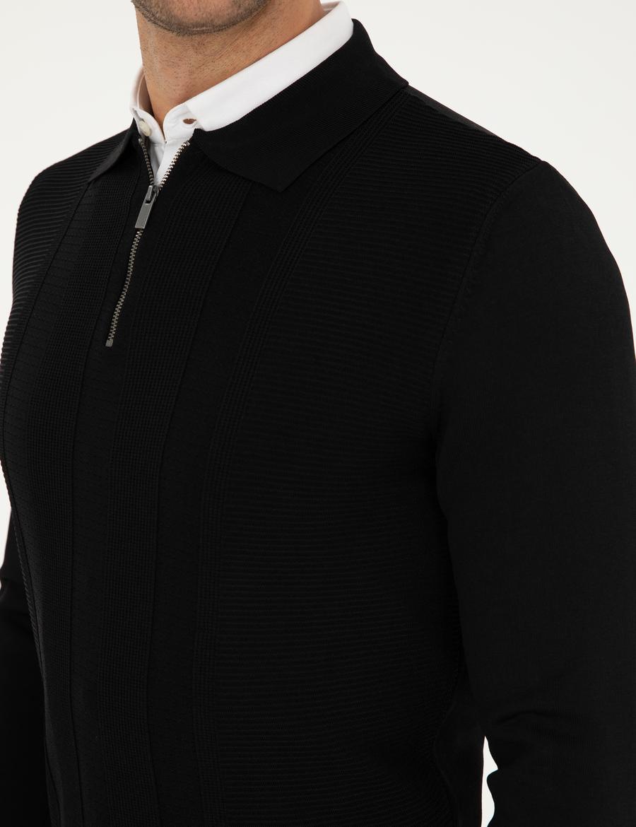 Siyah Regular Fit Fermuarlı Polo Yaka Triko Kazak