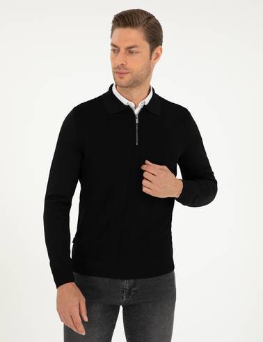 Siyah Regular Fit Fermuarlı Polo Yaka Triko Kazak
