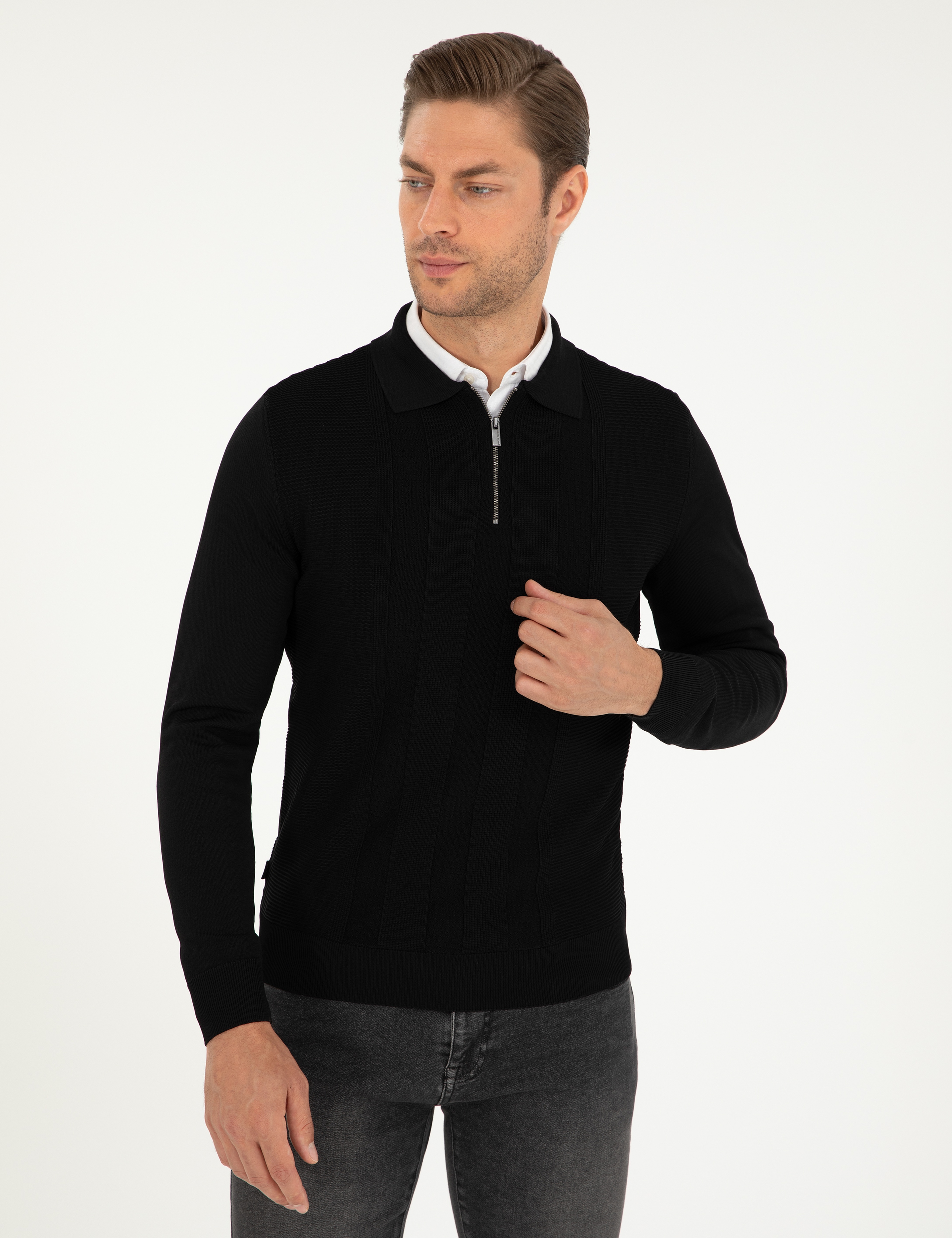 Siyah Regular Fit Fermuarlı Polo Yaka Triko Kazak - Image 3