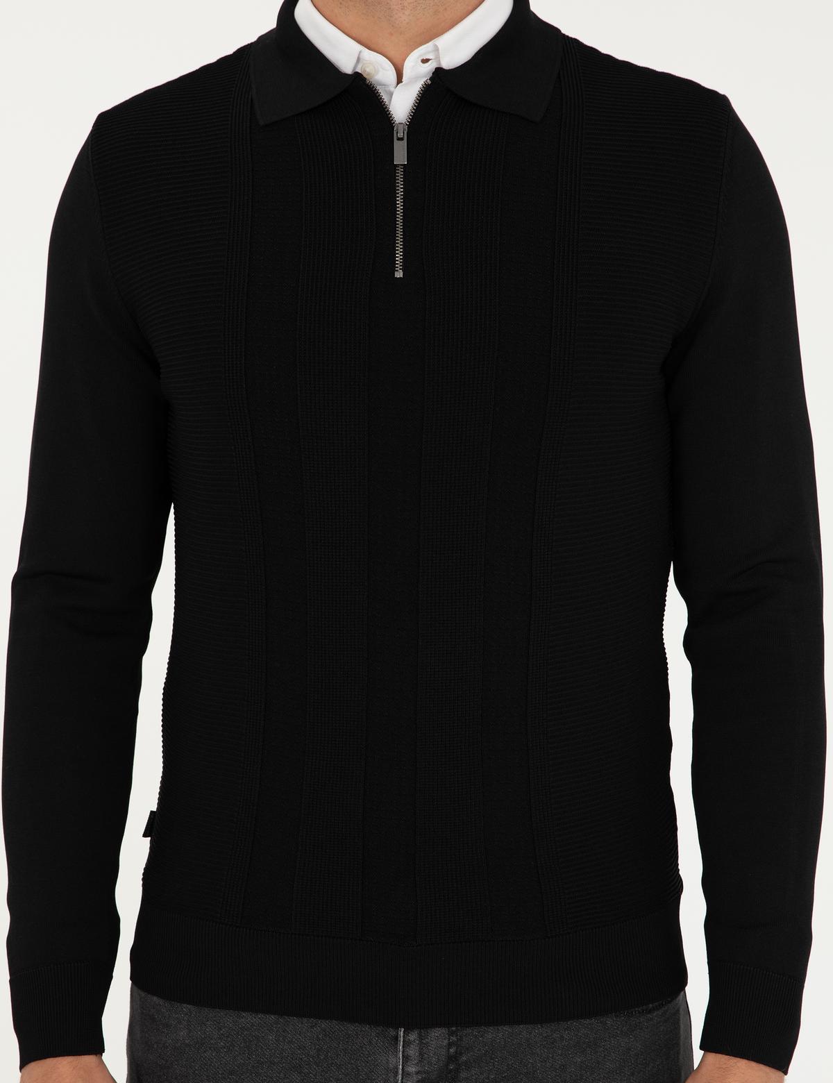 Siyah Regular Fit Fermuarlı Polo Yaka Triko Kazak - 50296453013