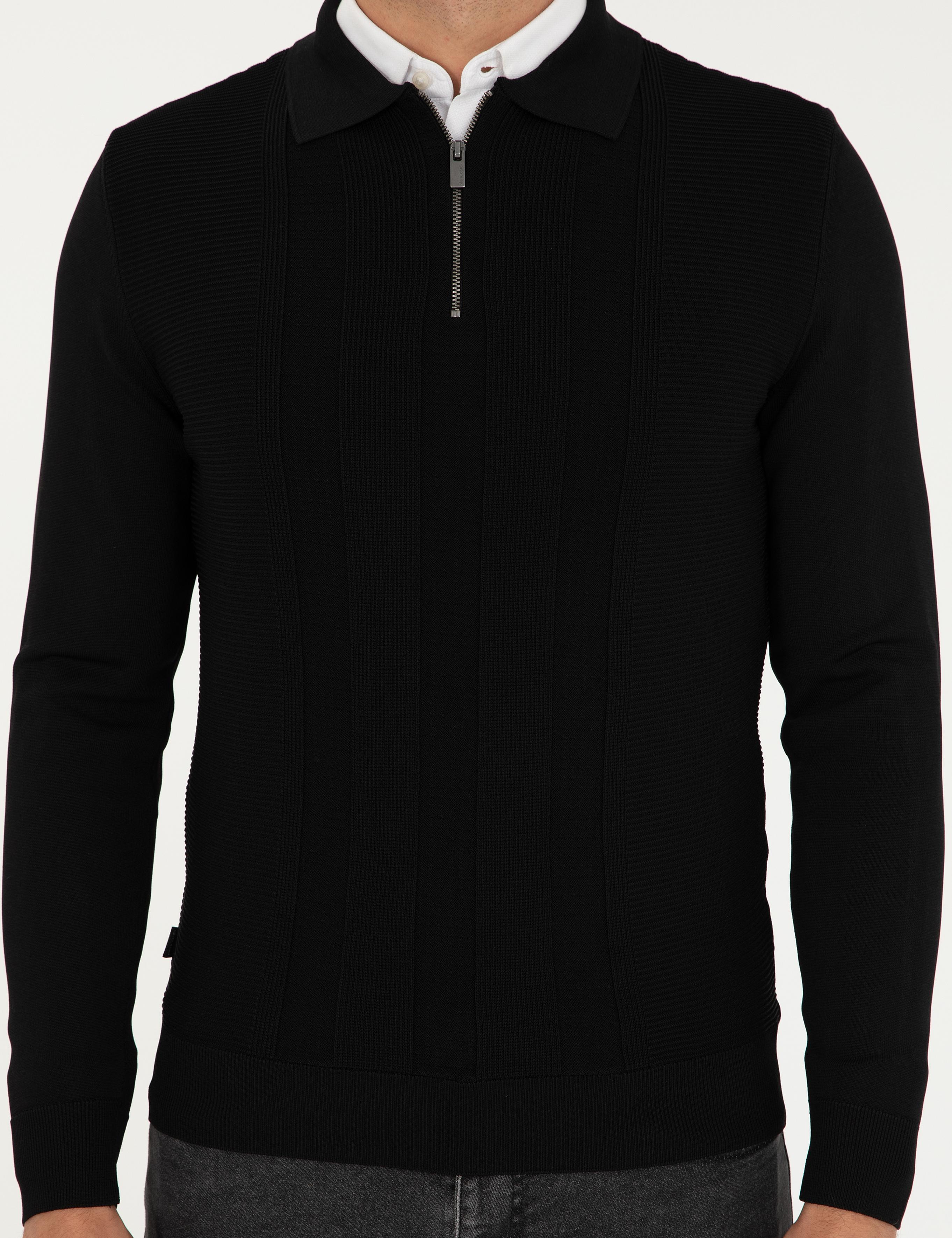 Siyah Regular Fit Fermuarlı Polo Yaka Triko Kazak