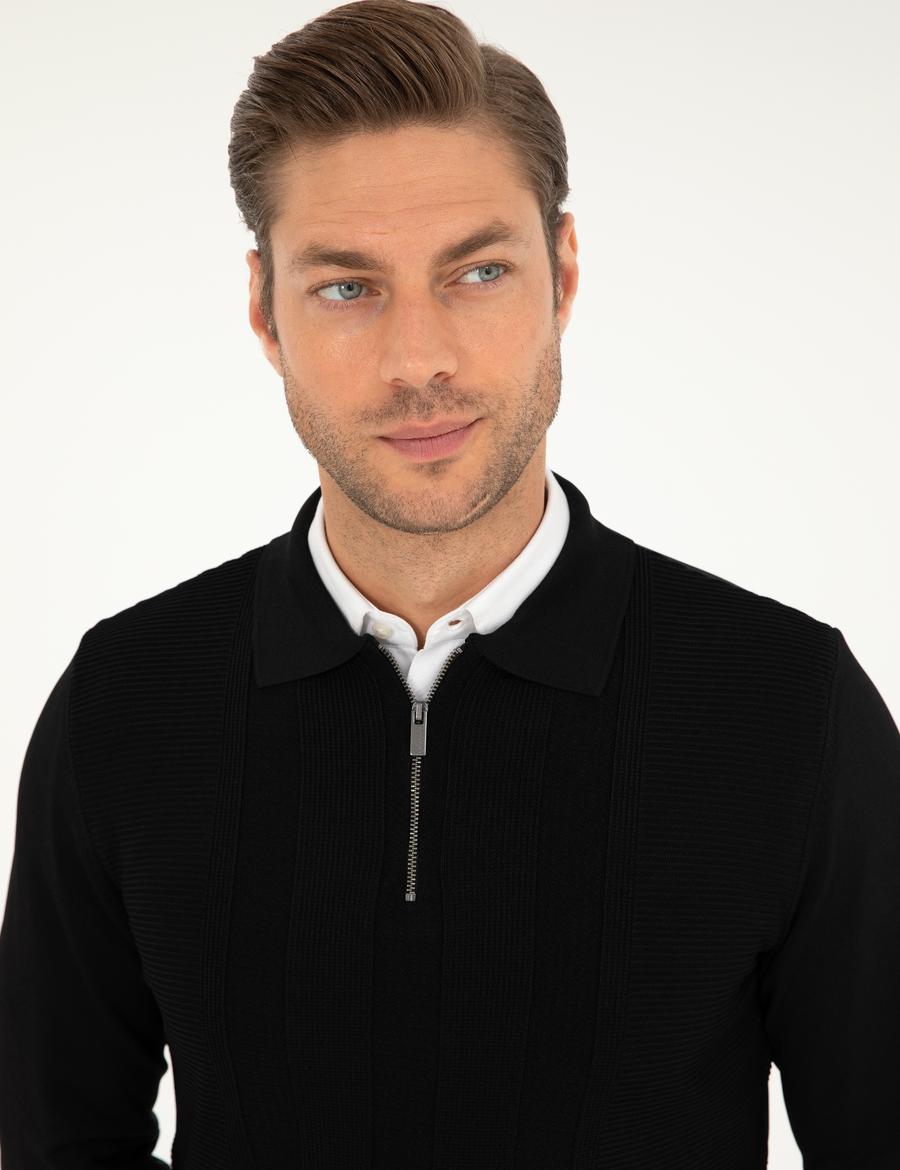 Siyah Regular Fit Fermuarlı Polo Yaka Triko Kazak