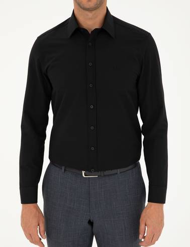 Siyah Slim Fit Armürlü Uzun Kollu Gömlek