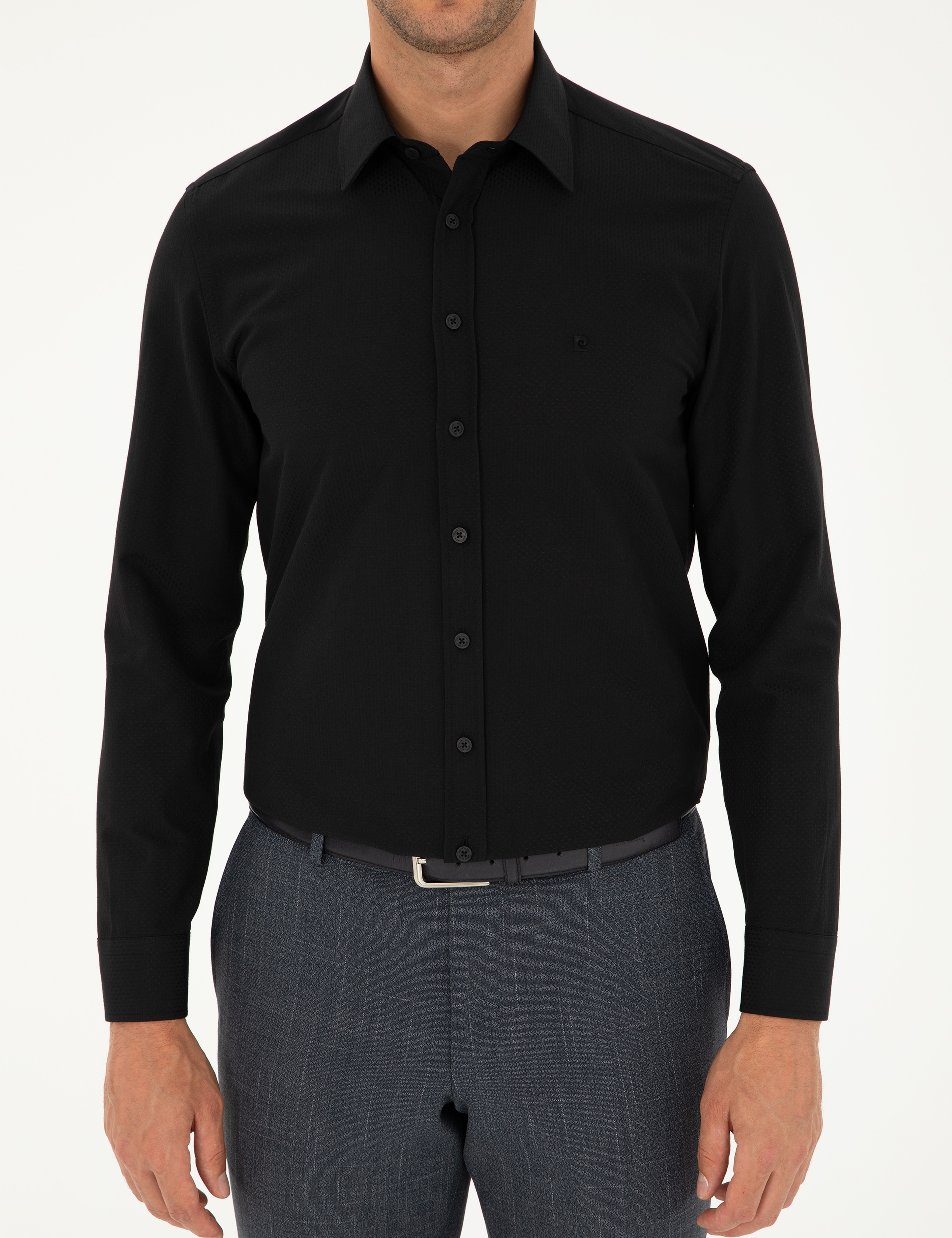 Siyah Slim Fit Armürlü Uzun Kollu Gömlek - Image 6
