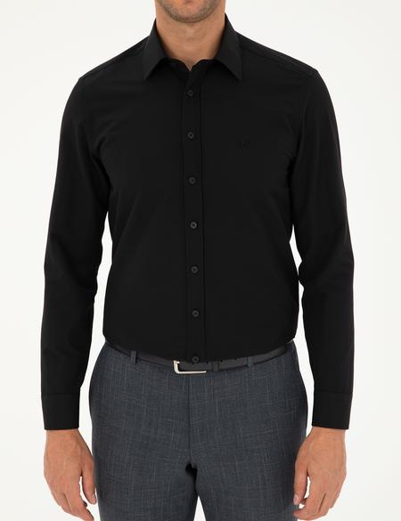 Siyah Slim Fit Armürlü Uzun Kollu Gömlek - 50298054025