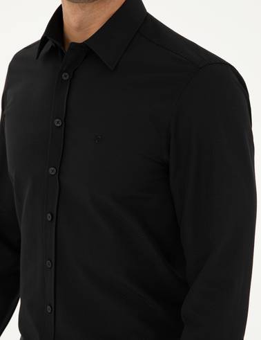Siyah Slim Fit Armürlü Uzun Kollu Gömlek