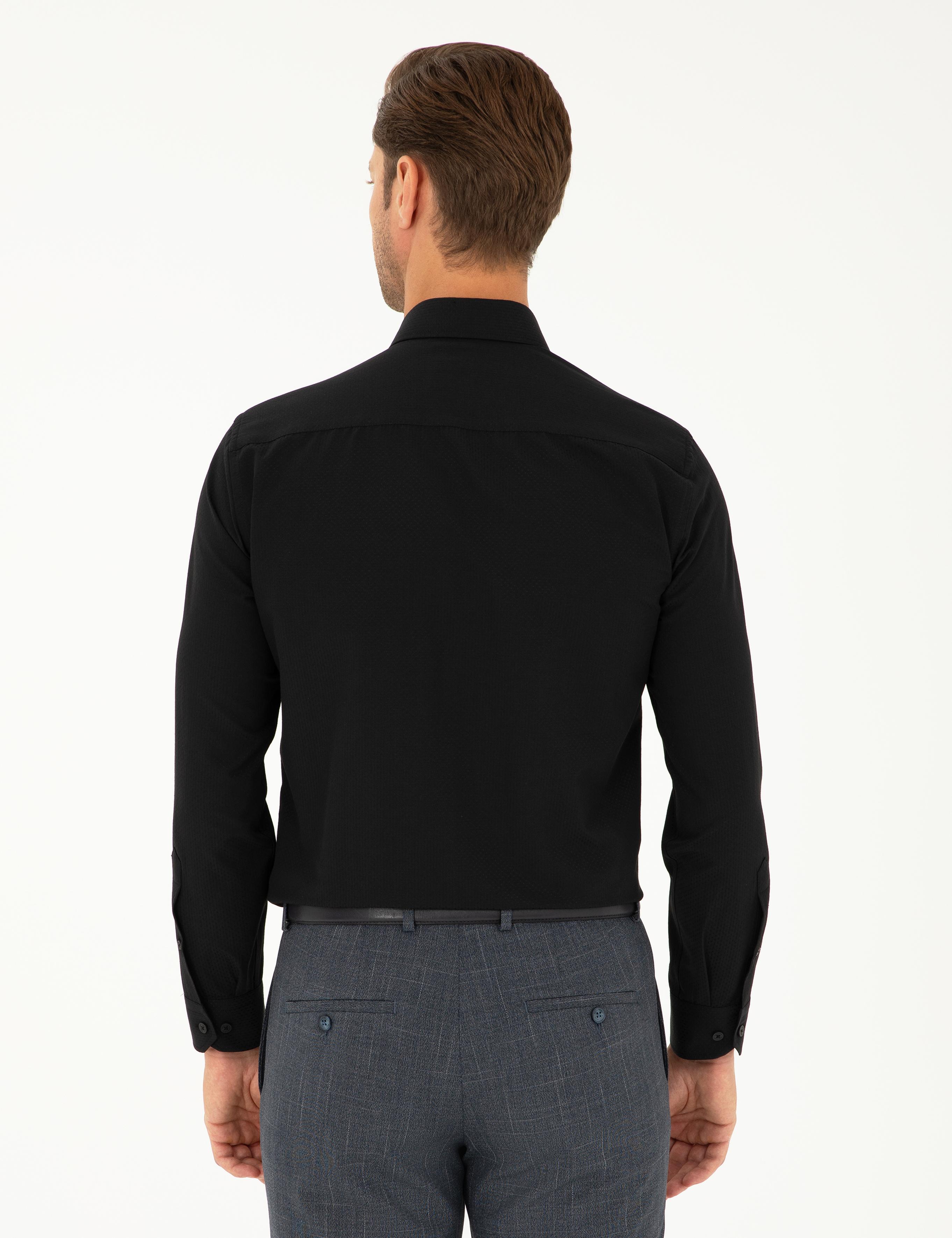 Siyah Slim Fit Armürlü Uzun Kollu Gömlek
