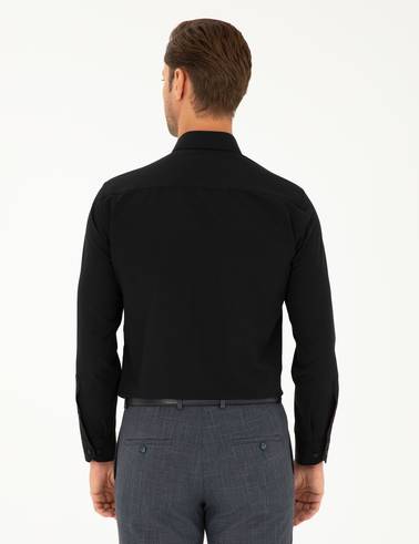 Siyah Slim Fit Armürlü Uzun Kollu Gömlek