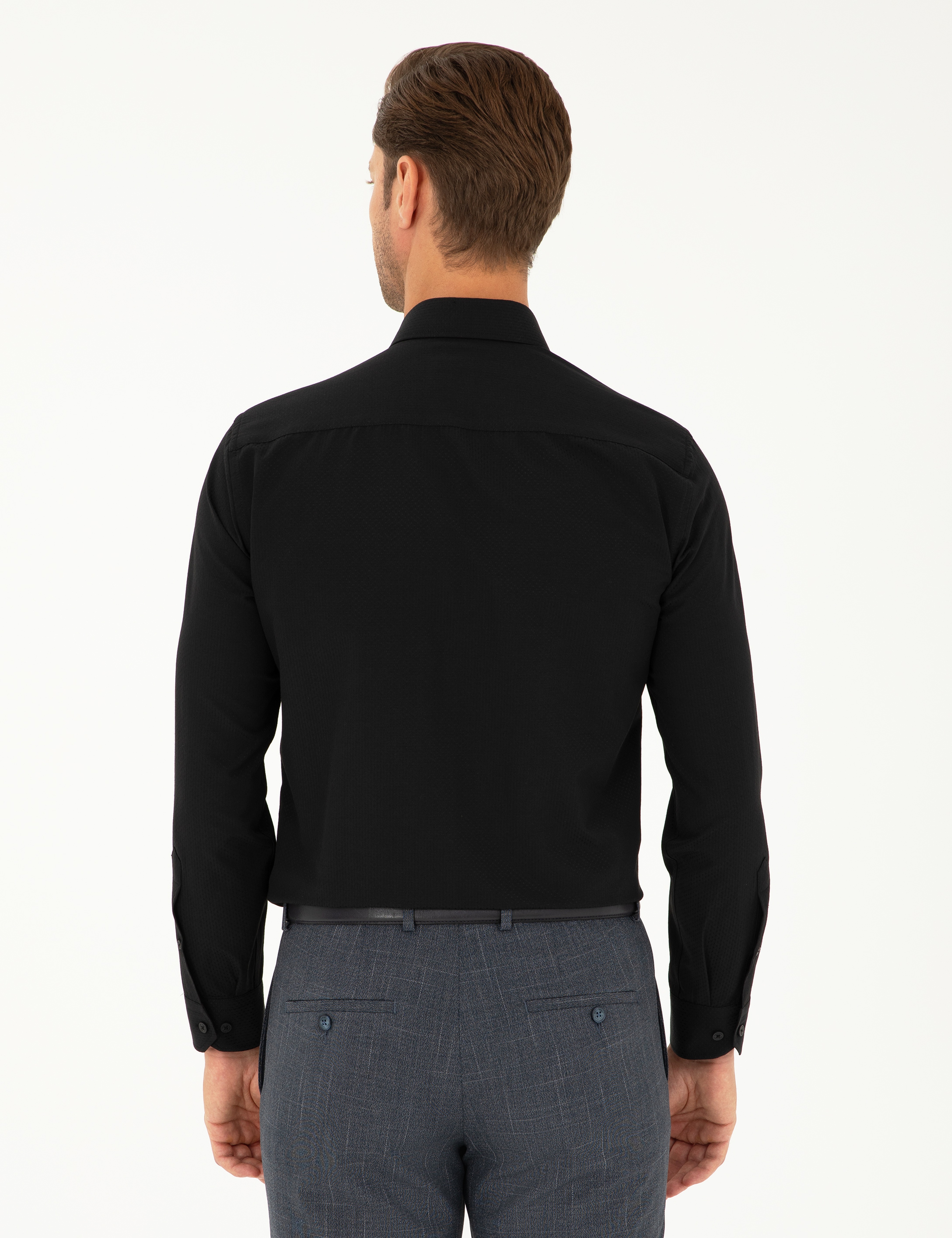 Siyah Slim Fit Armürlü Uzun Kollu Gömlek - Image 5