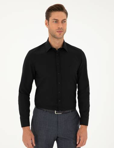 Siyah Slim Fit Armürlü Uzun Kollu Gömlek