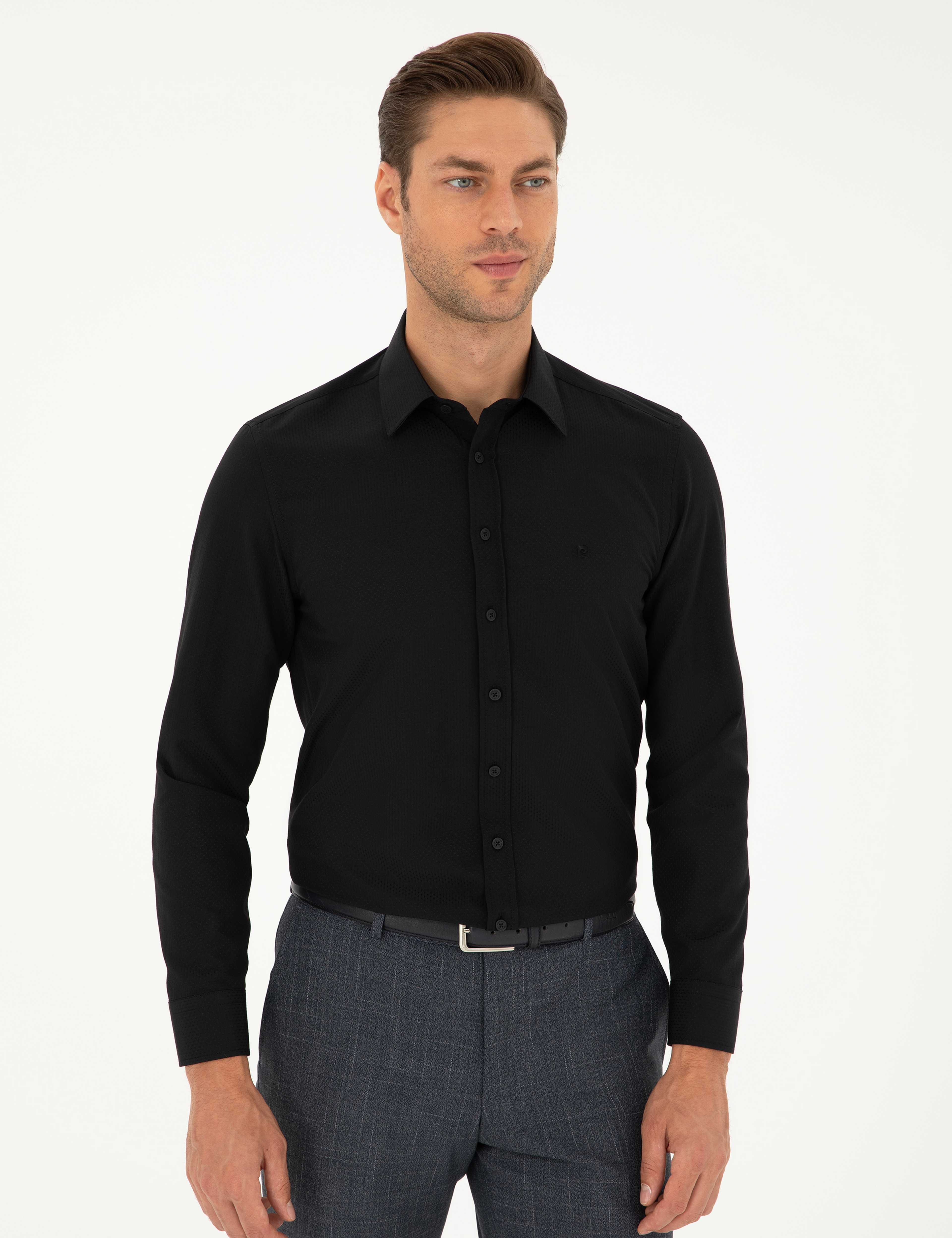 Siyah Slim Fit Armürlü Uzun Kollu Gömlek - Image 3