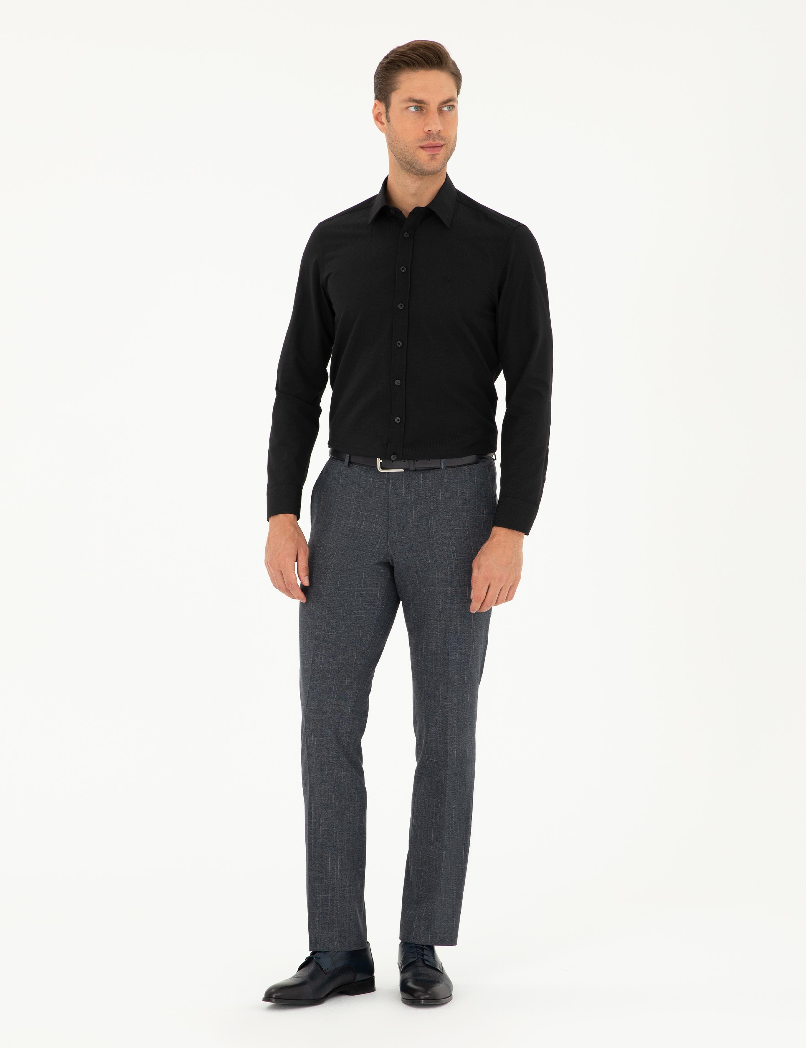 Siyah Slim Fit Armürlü Uzun Kollu Gömlek