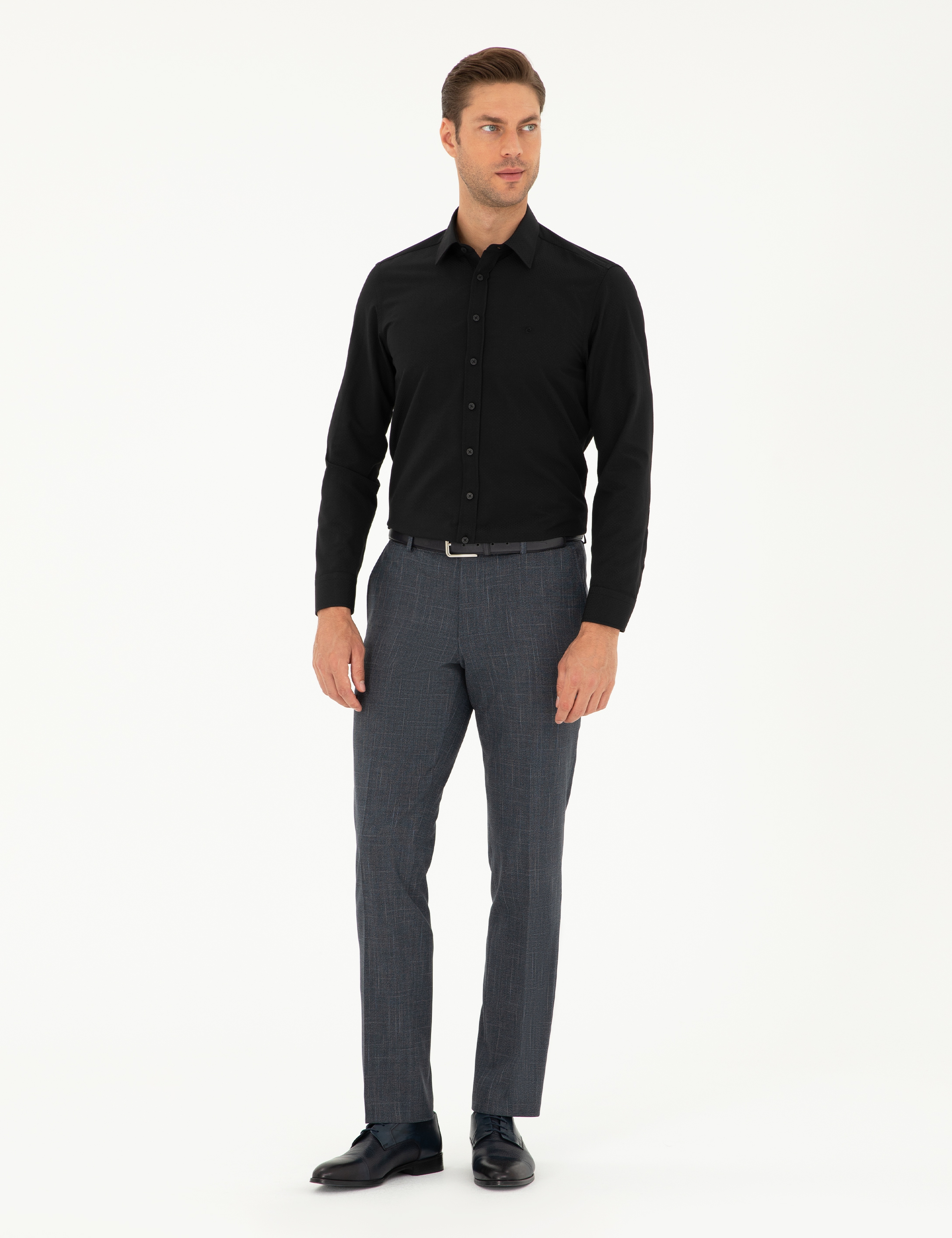 Siyah Slim Fit Armürlü Uzun Kollu Gömlek - Image 4