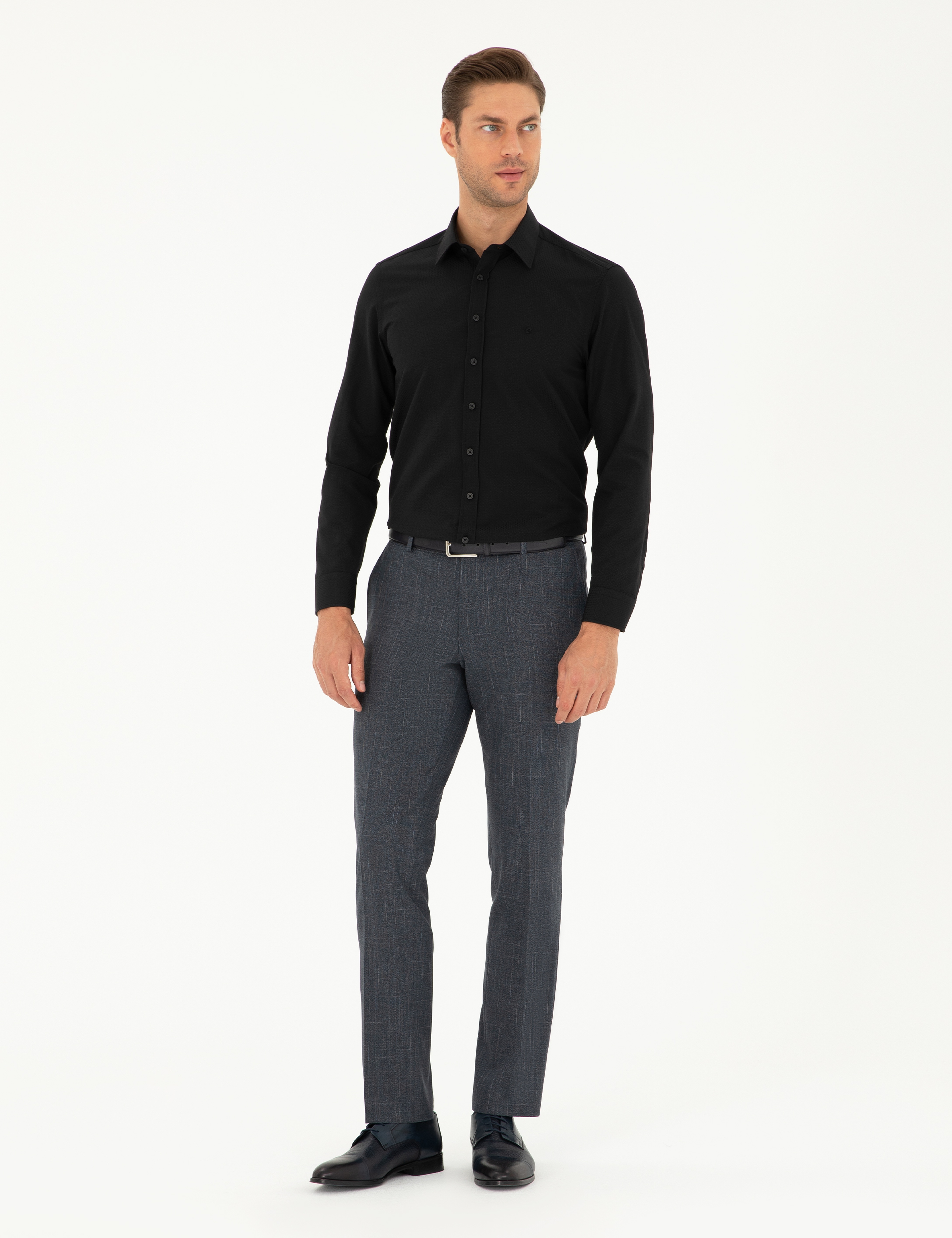 Siyah Slim Fit Armürlü Uzun Kollu Gömlek