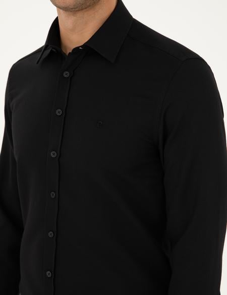 Siyah Slim Fit Armürlü Uzun Kollu Gömlek - 50298055016