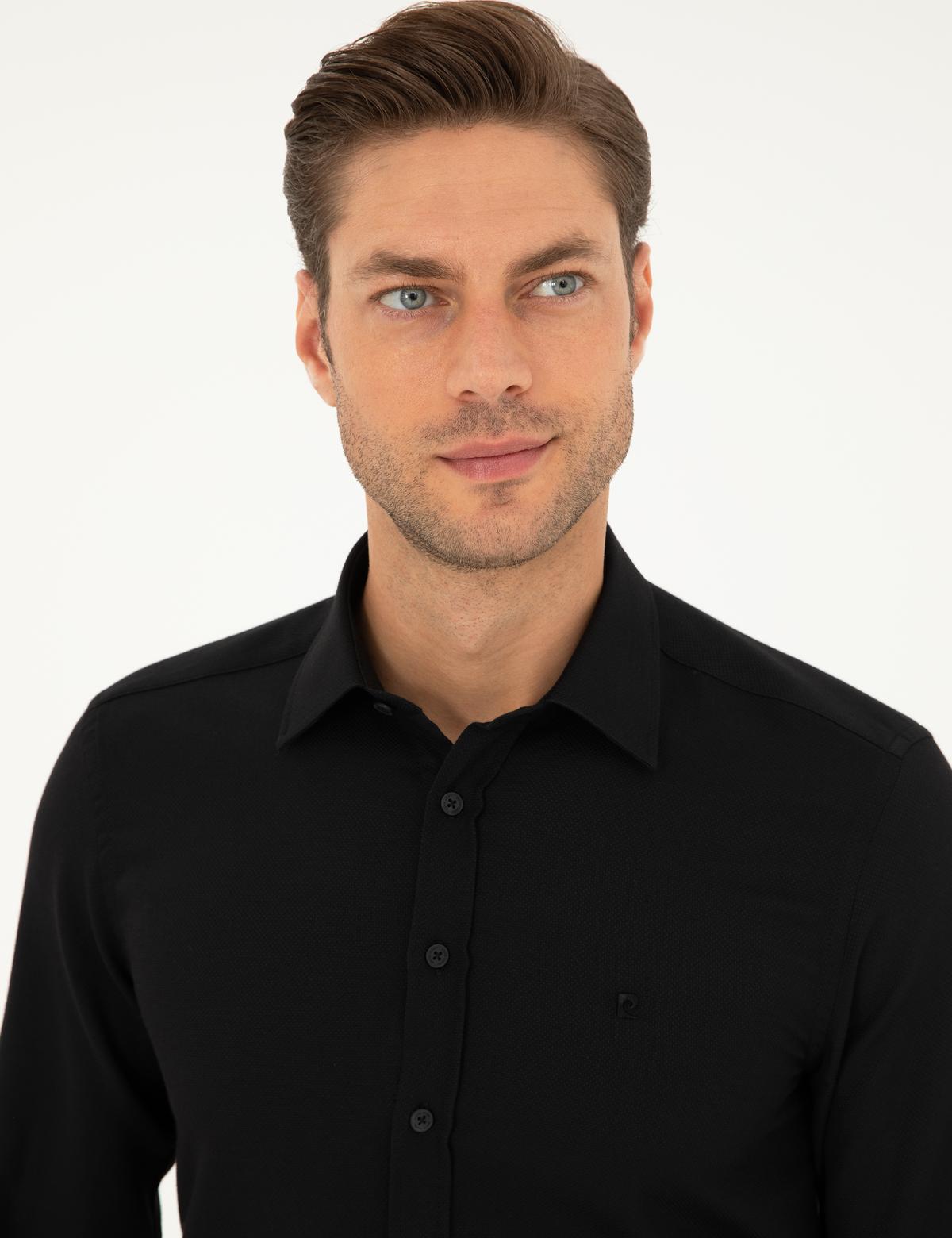 Siyah Slim Fit Armürlü Uzun Kollu Gömlek - 50298055016