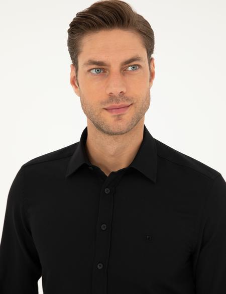 Siyah Slim Fit Armürlü Uzun Kollu Gömlek - 50298055016