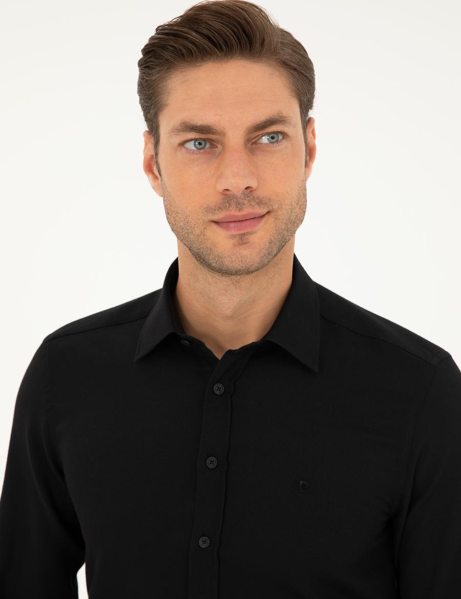 Siyah Slim Fit Armürlü Uzun Kollu Gömlek