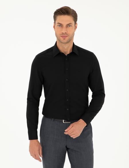 Siyah Slim Fit Armürlü Uzun Kollu Gömlek - 50298055016