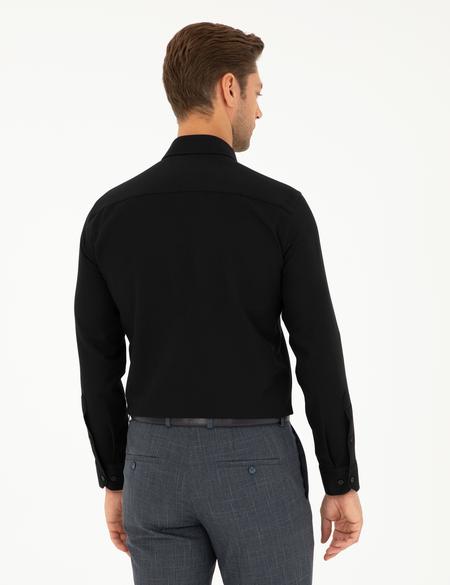 Siyah Slim Fit Armürlü Uzun Kollu Gömlek - 50298055016