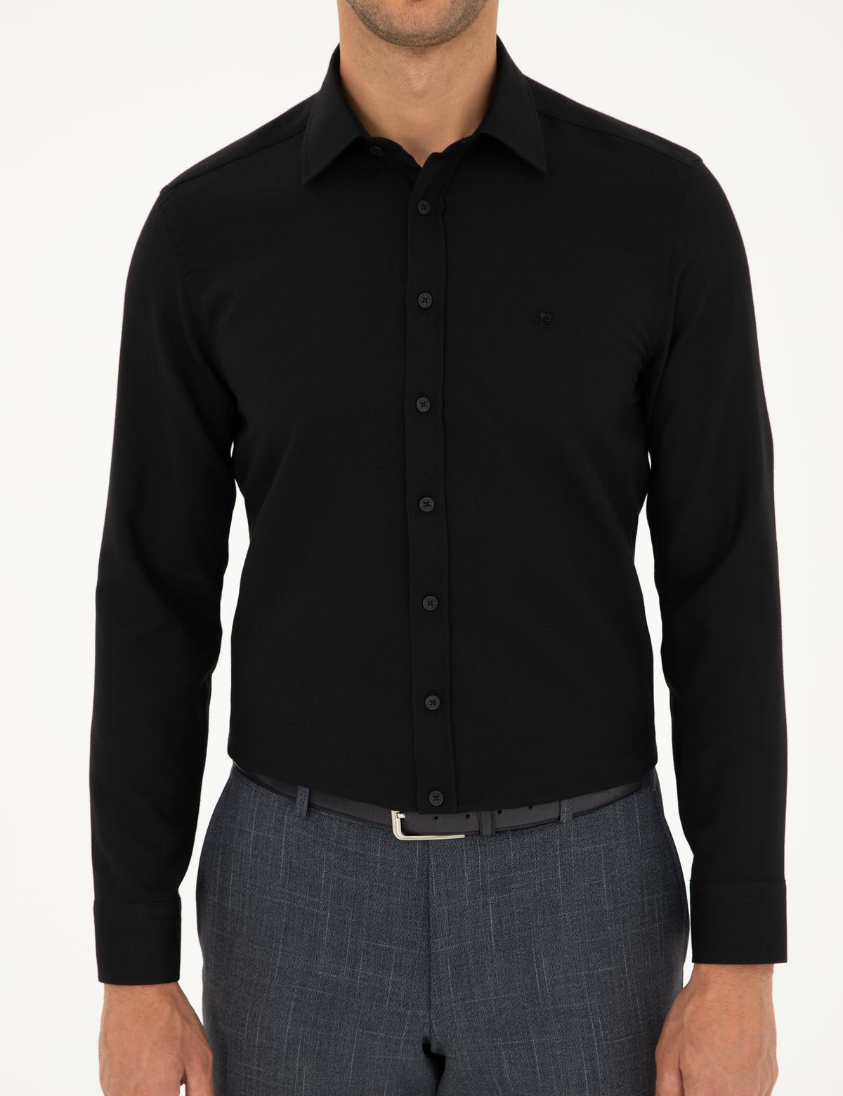 Siyah Slim Fit Armürlü Uzun Kollu Gömlek - 50298055016