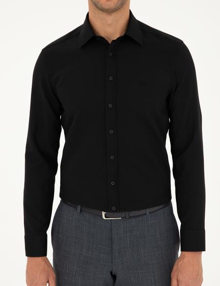Siyah Slim Fit Armürlü Uzun Kollu Gömlek - 50298055016