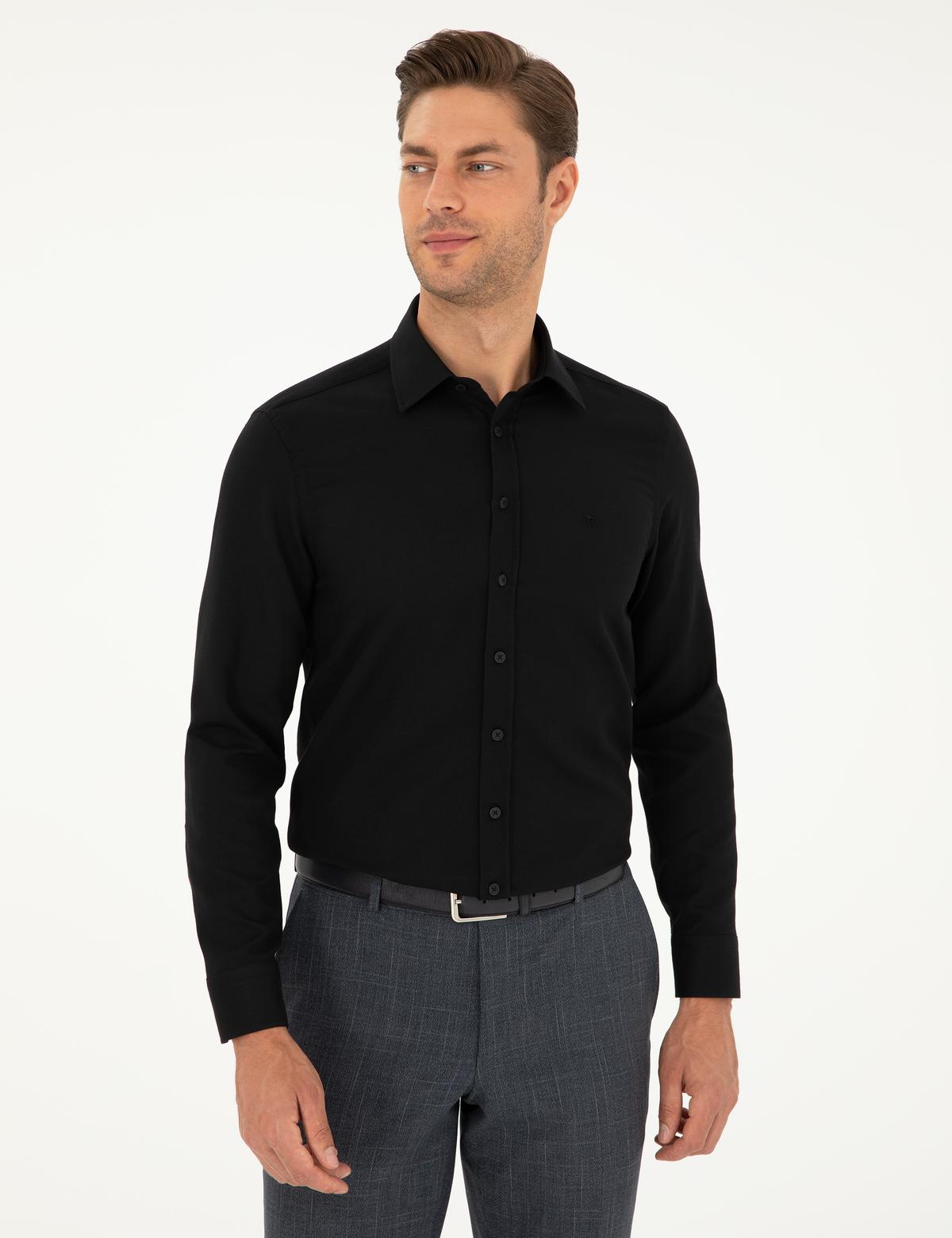 Siyah Slim Fit Armürlü Uzun Kollu Gömlek - 50298055016