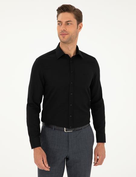 Siyah Slim Fit Armürlü Uzun Kollu Gömlek - 50298055016