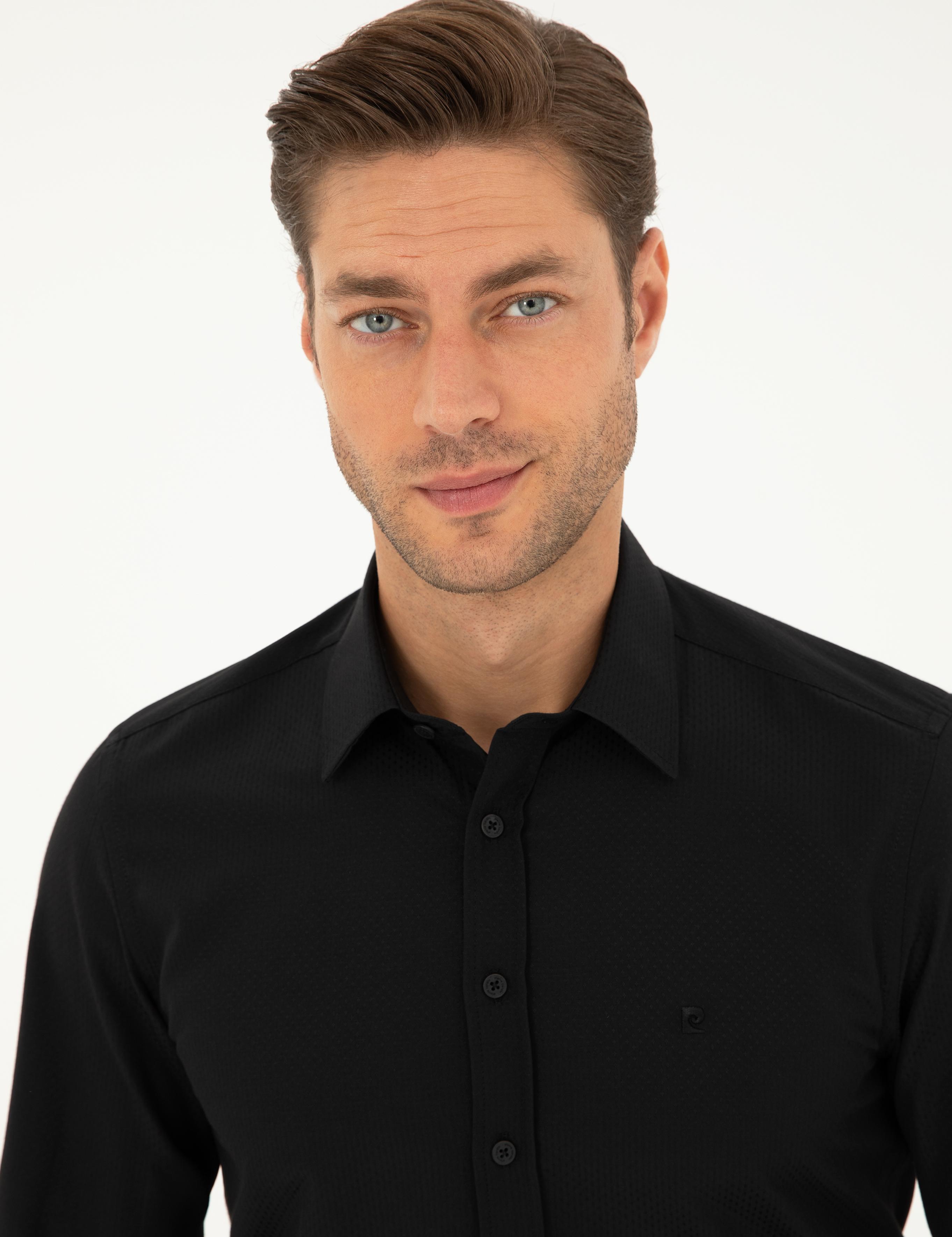 Siyah Slim Fit Armürlü Uzun Kollu Gömlek