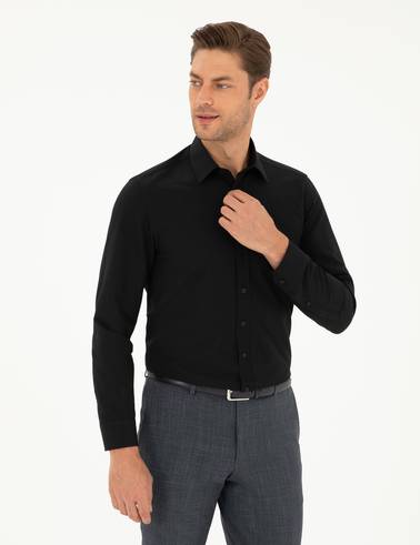 Siyah Slim Fit Armürlü Uzun Kollu Gömlek