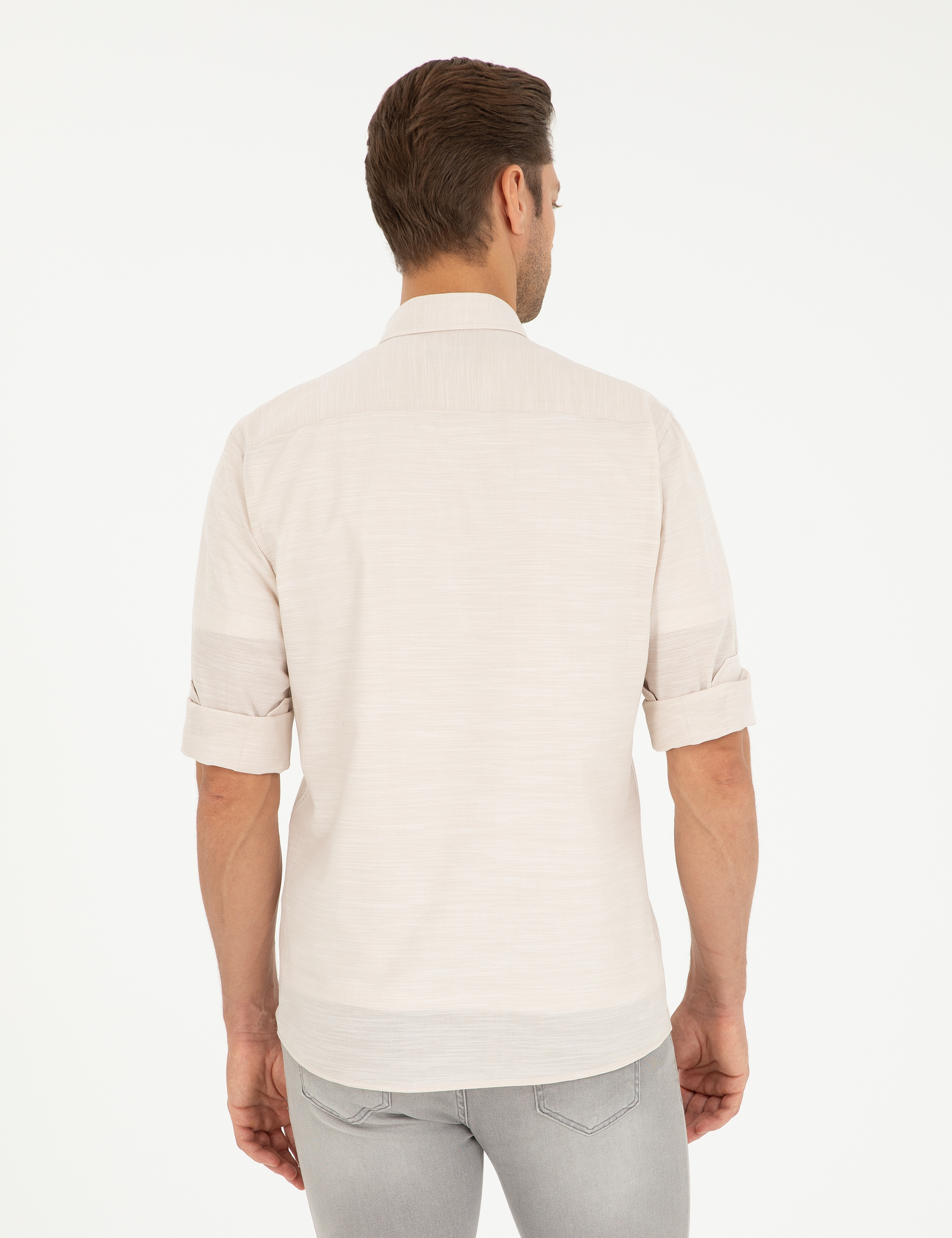 Bej Slim Fit Keten Görünümlü Gömlek - Image 5