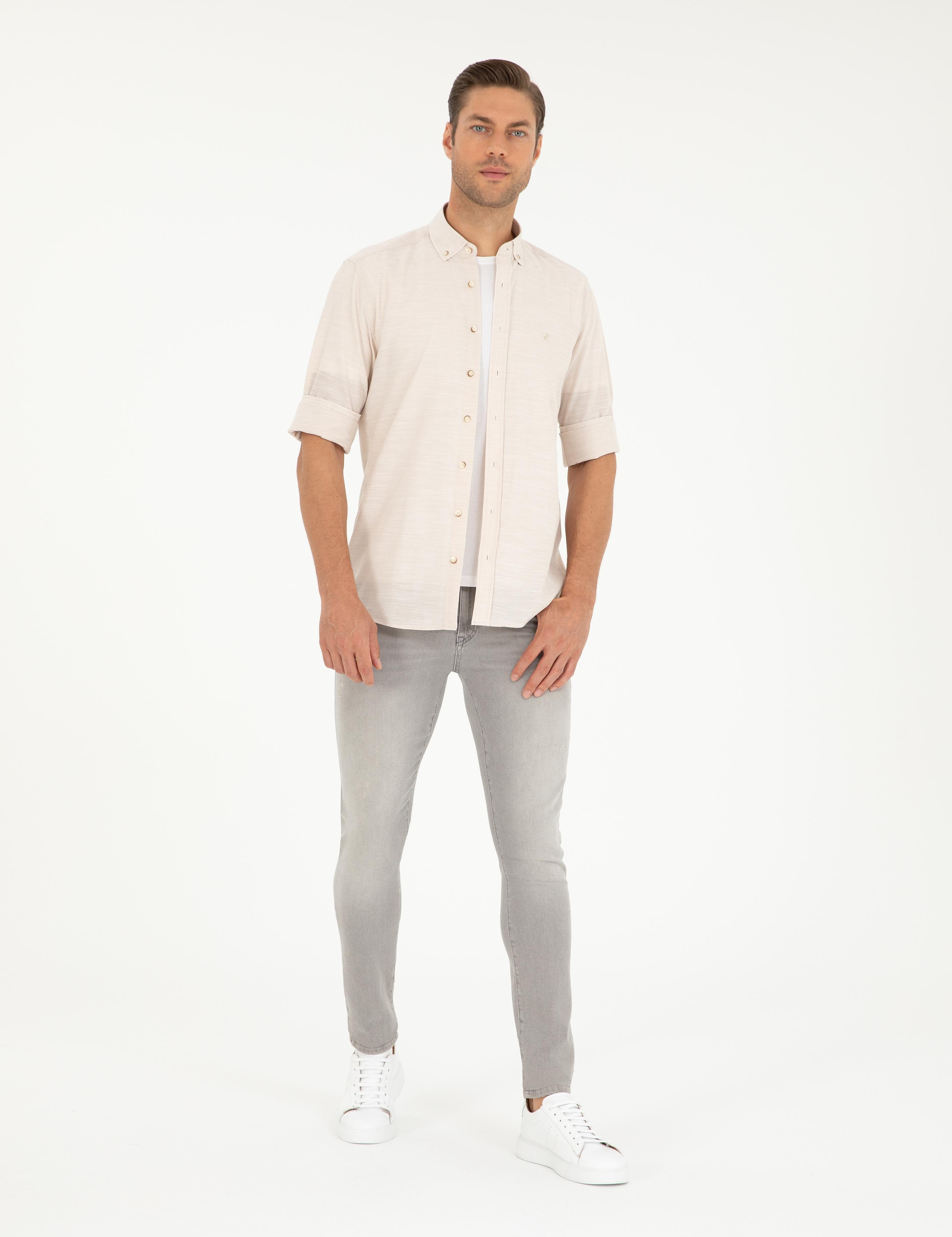 Bej Slim Fit Keten Görünümlü Gömlek