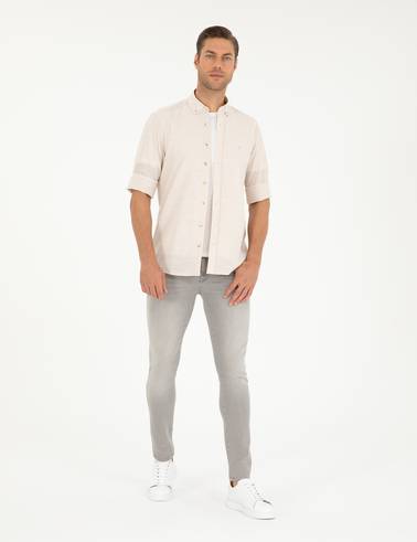 Bej Slim Fit Keten Görünümlü Gömlek