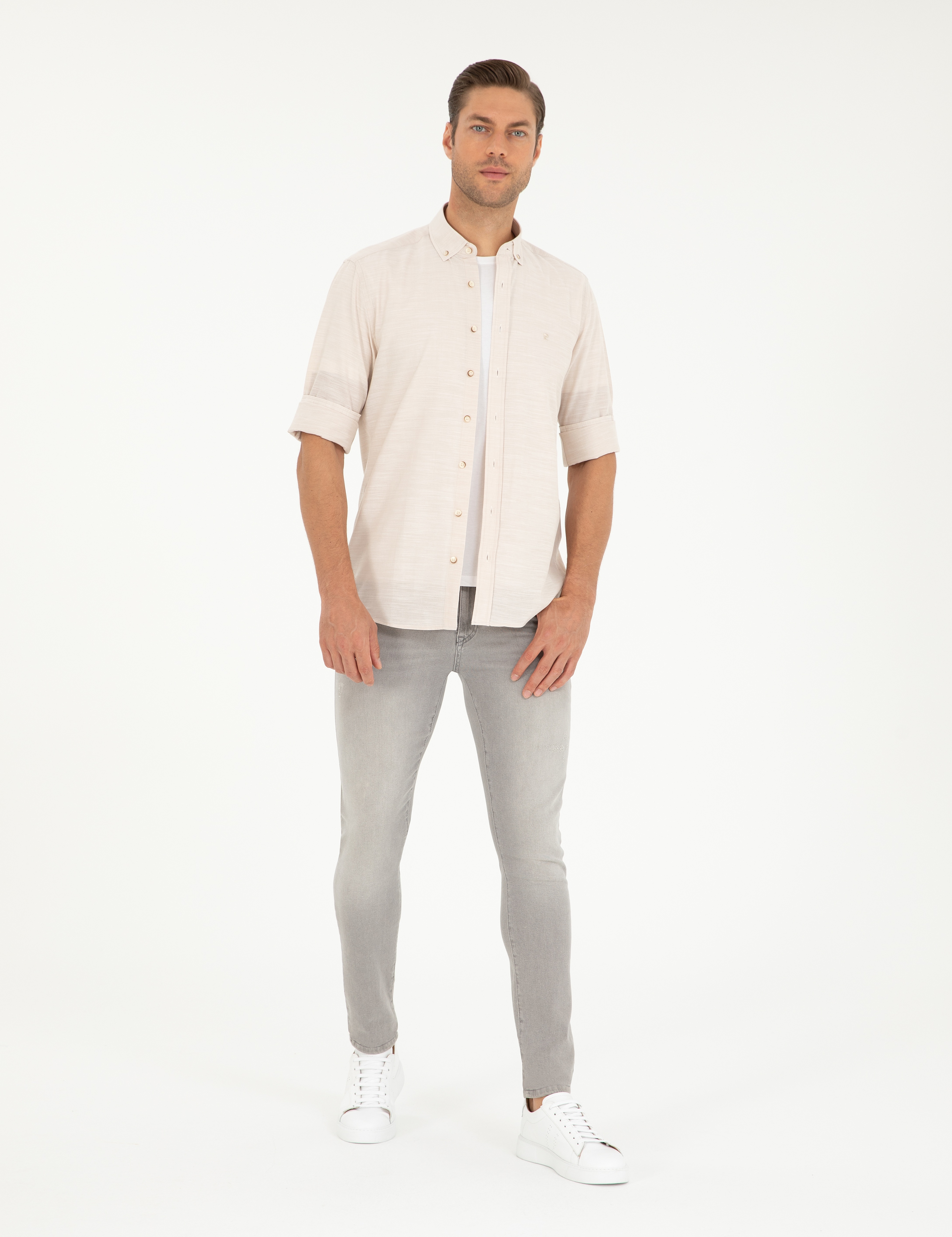 Bej Slim Fit Keten Görünümlü Gömlek - Image 4