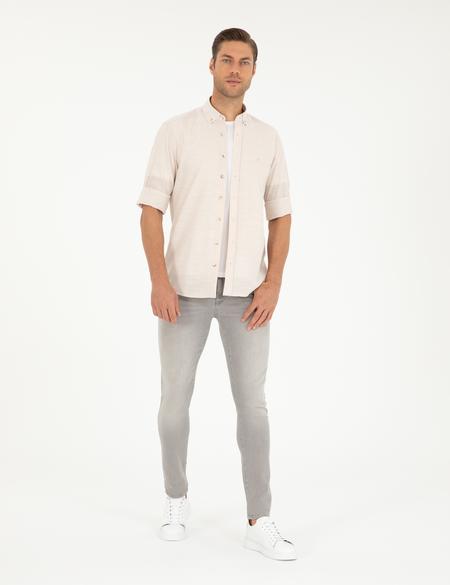 Bej Slim Fit Keten Görünümlü Gömlek - 50252491012
