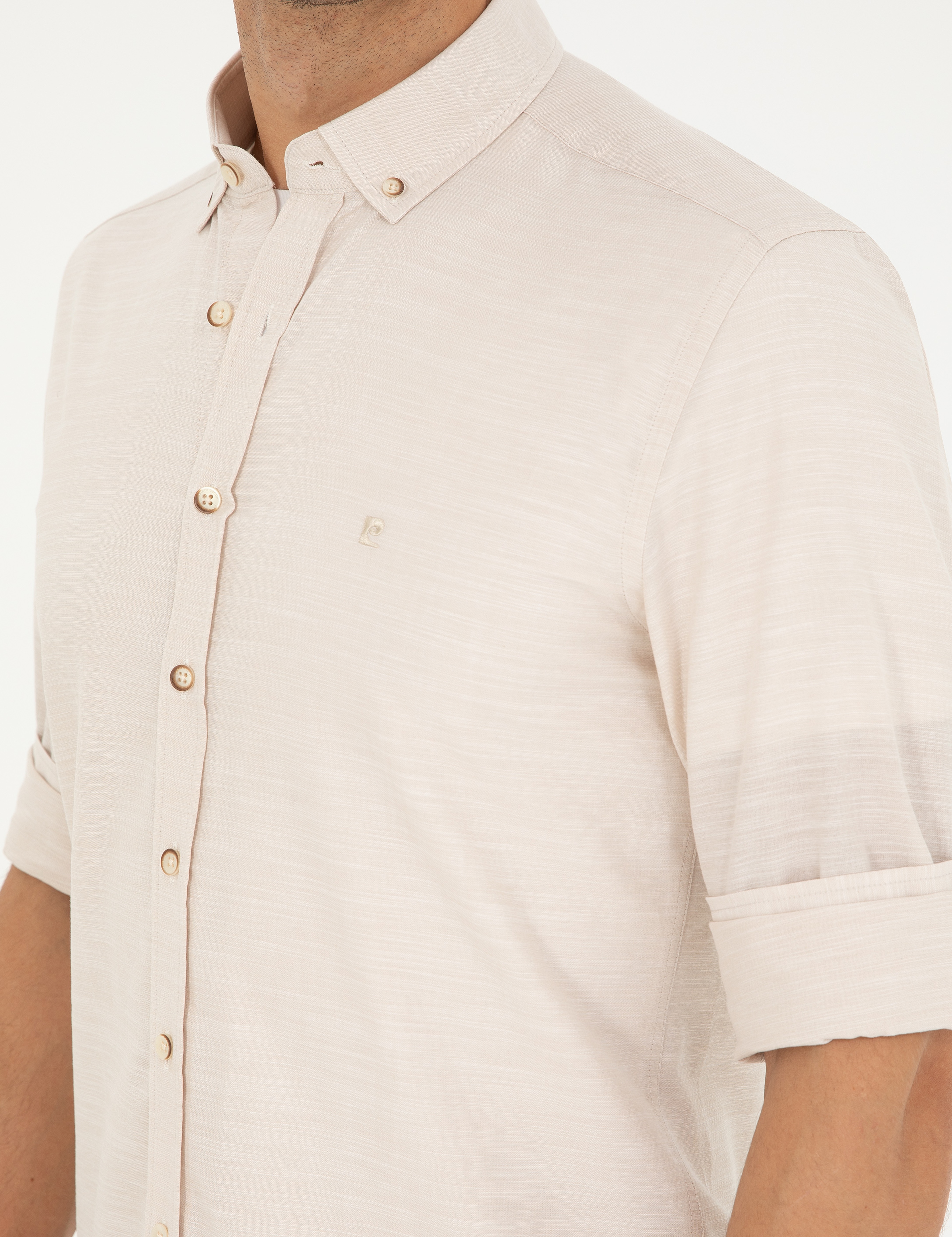 Bej Slim Fit Keten Görünümlü Gömlek - Image 7