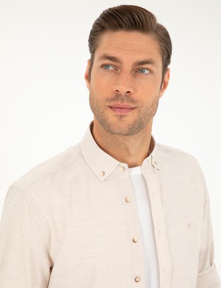 Bej Slim Fit Keten Görünümlü Gömlek - 50252491012