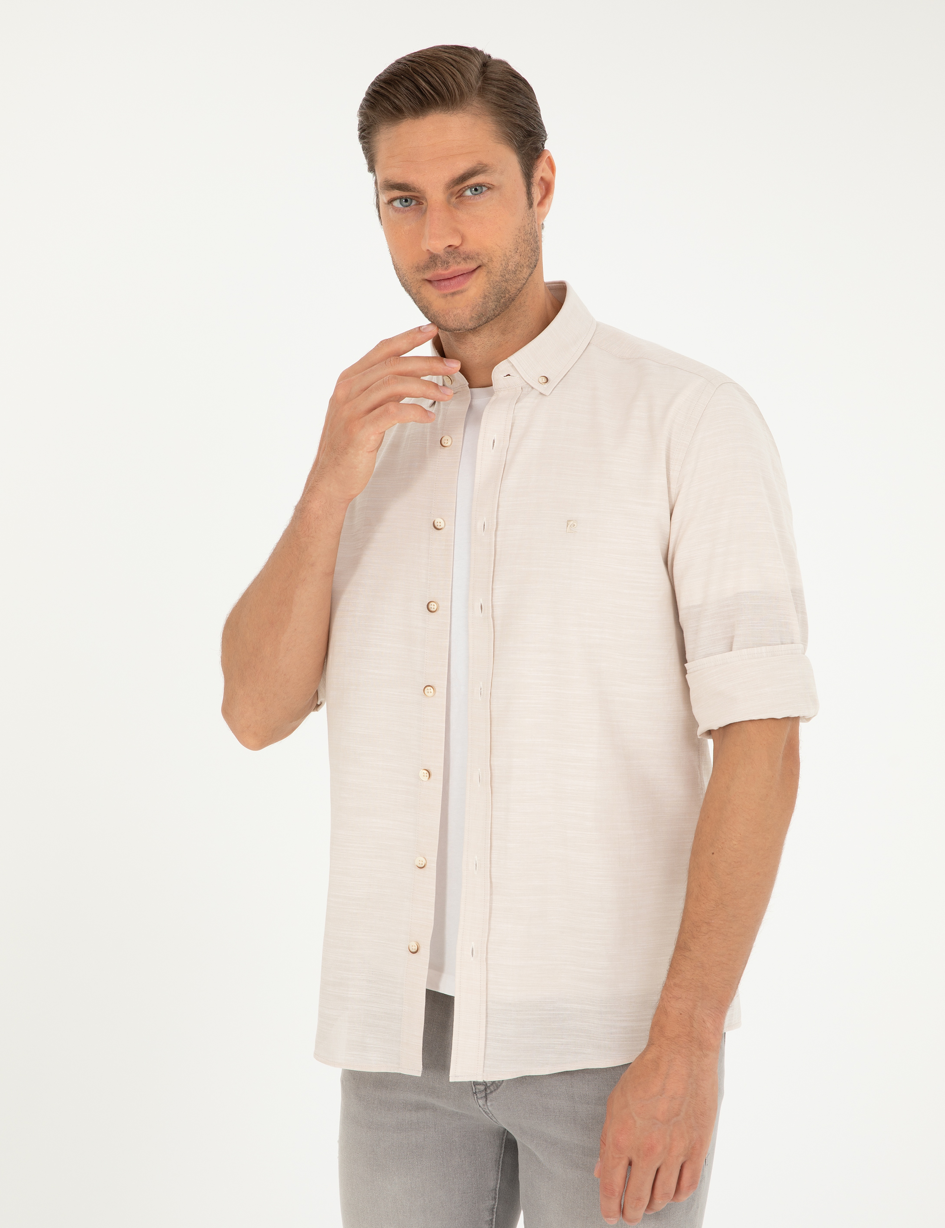 Bej Slim Fit Keten Görünümlü Gömlek - Image 3
