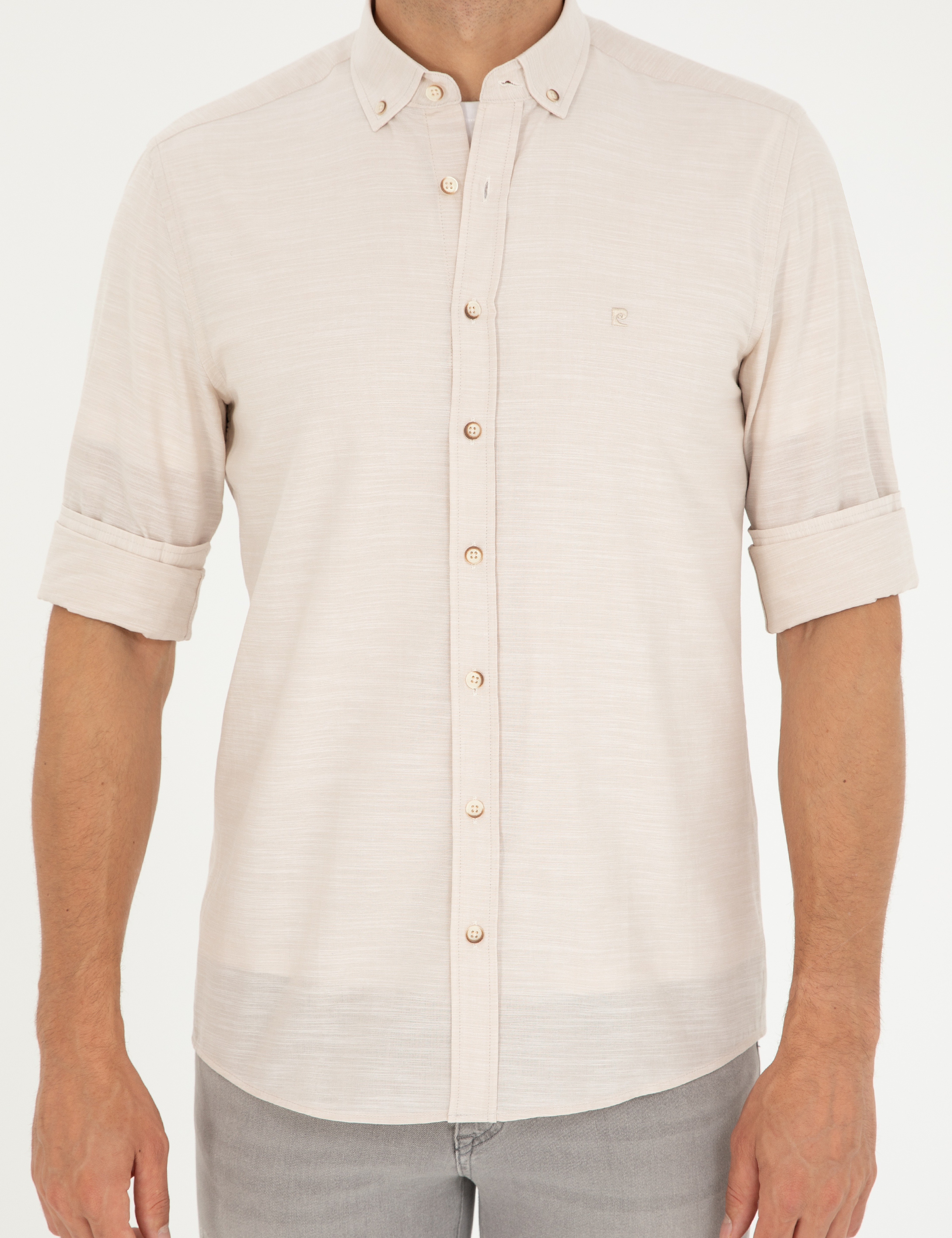 Bej Slim Fit Keten Görünümlü Gömlek - Image 6