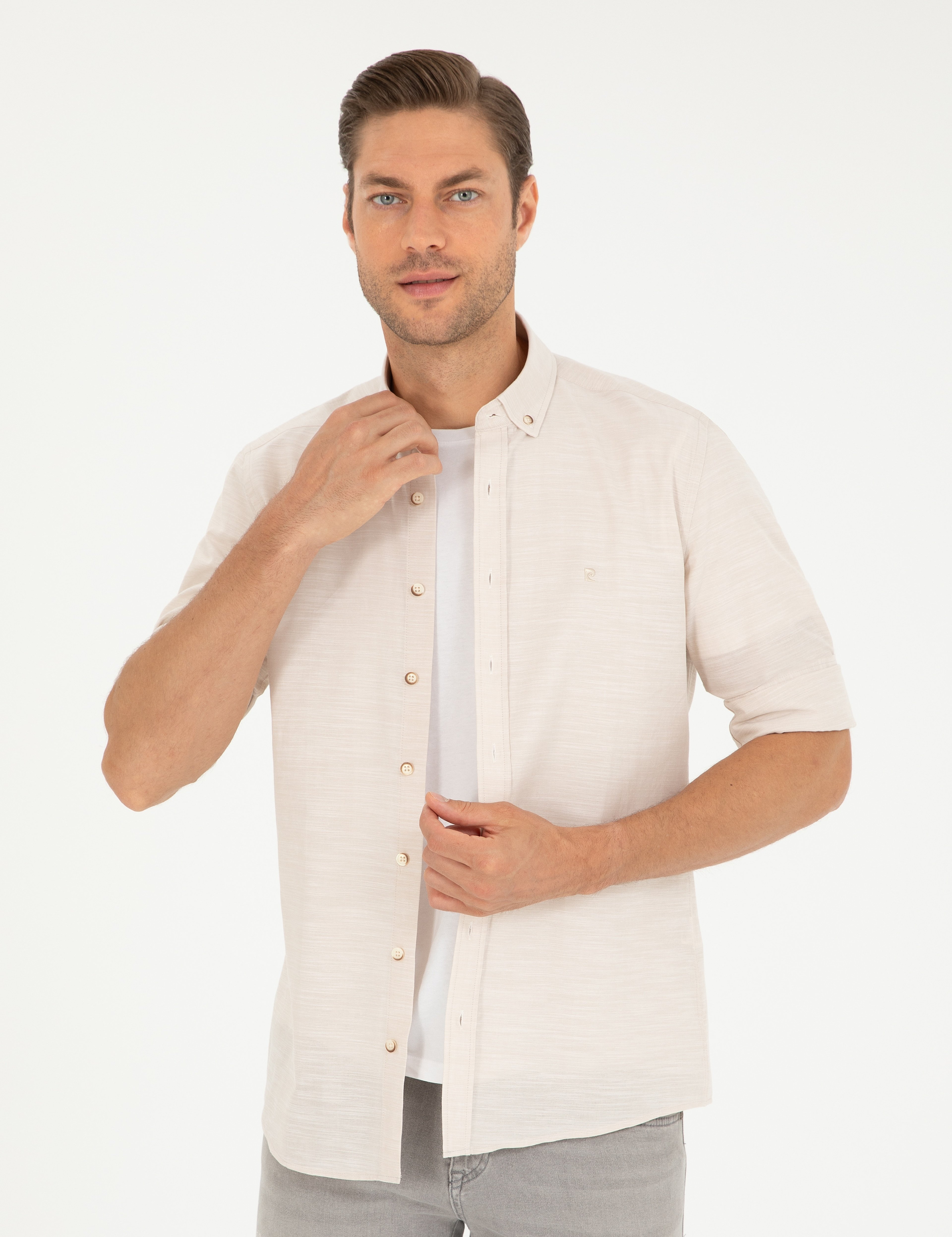 Bej Slim Fit Keten Görünümlü Gömlek - Image 1