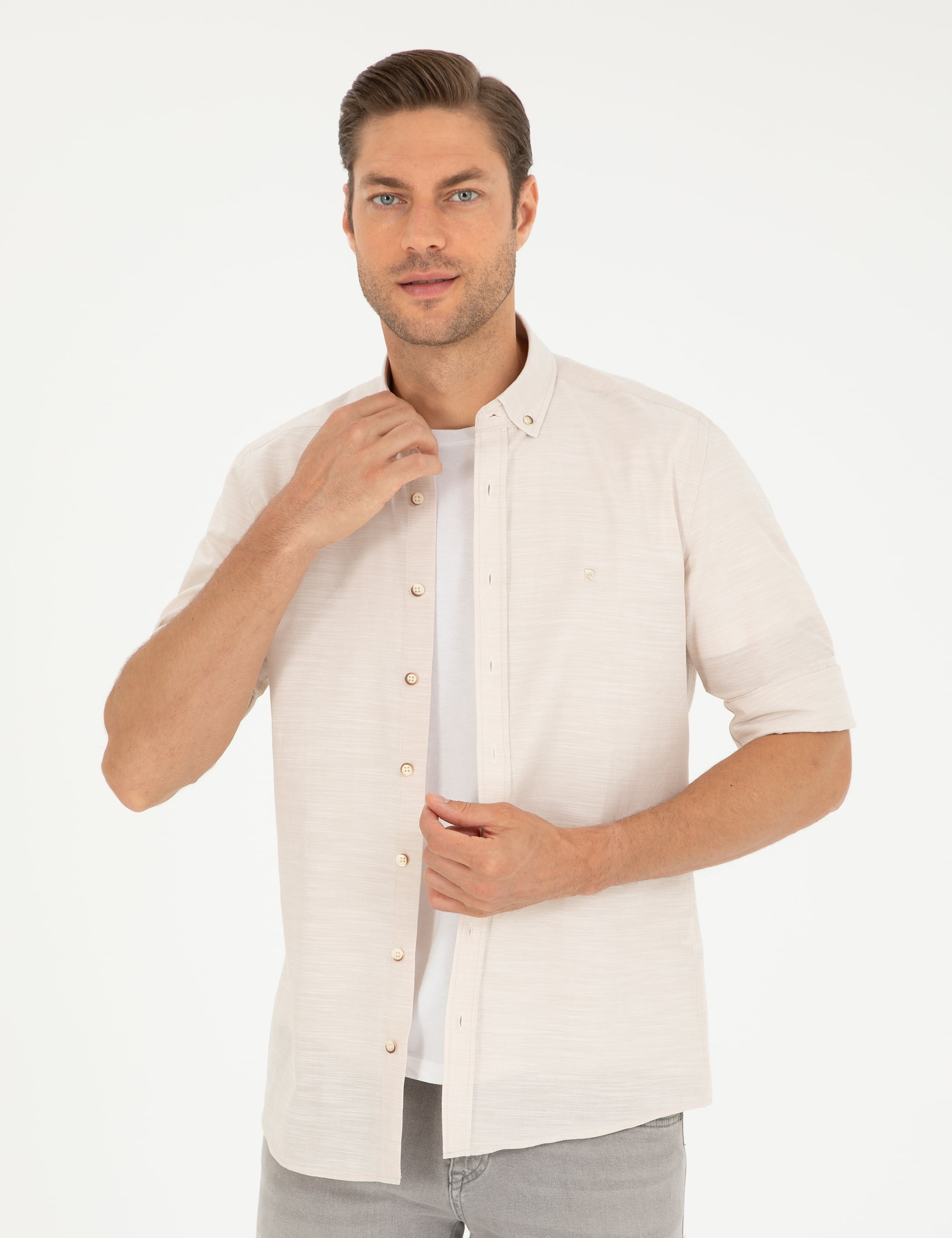 Bej Slim Fit Keten Görünümlü Gömlek
