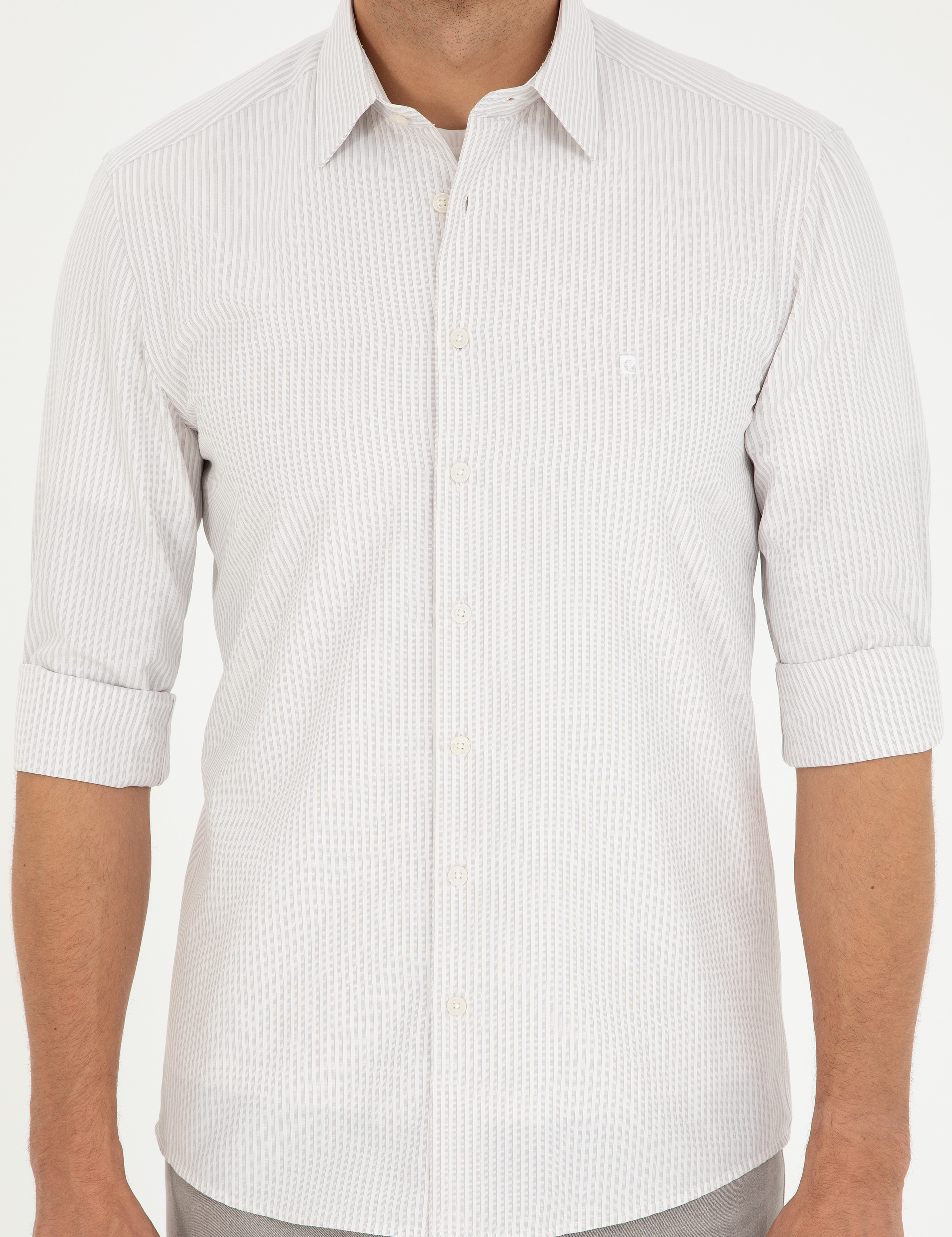 Açık Gri Slim Fit Uzun Kollu Gömlek - Image 6