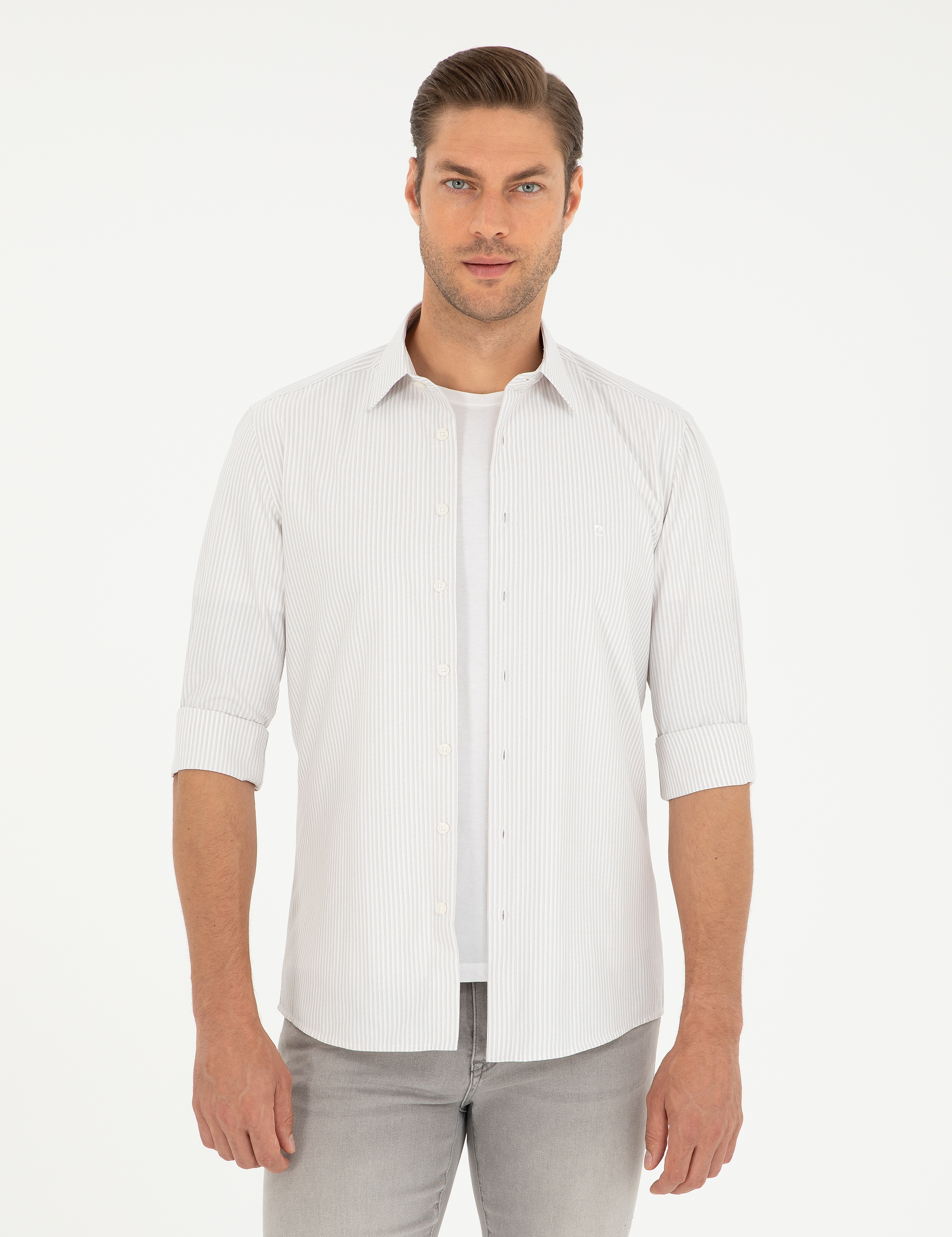 Açık Gri Slim Fit Uzun Kollu Gömlek - Image 1