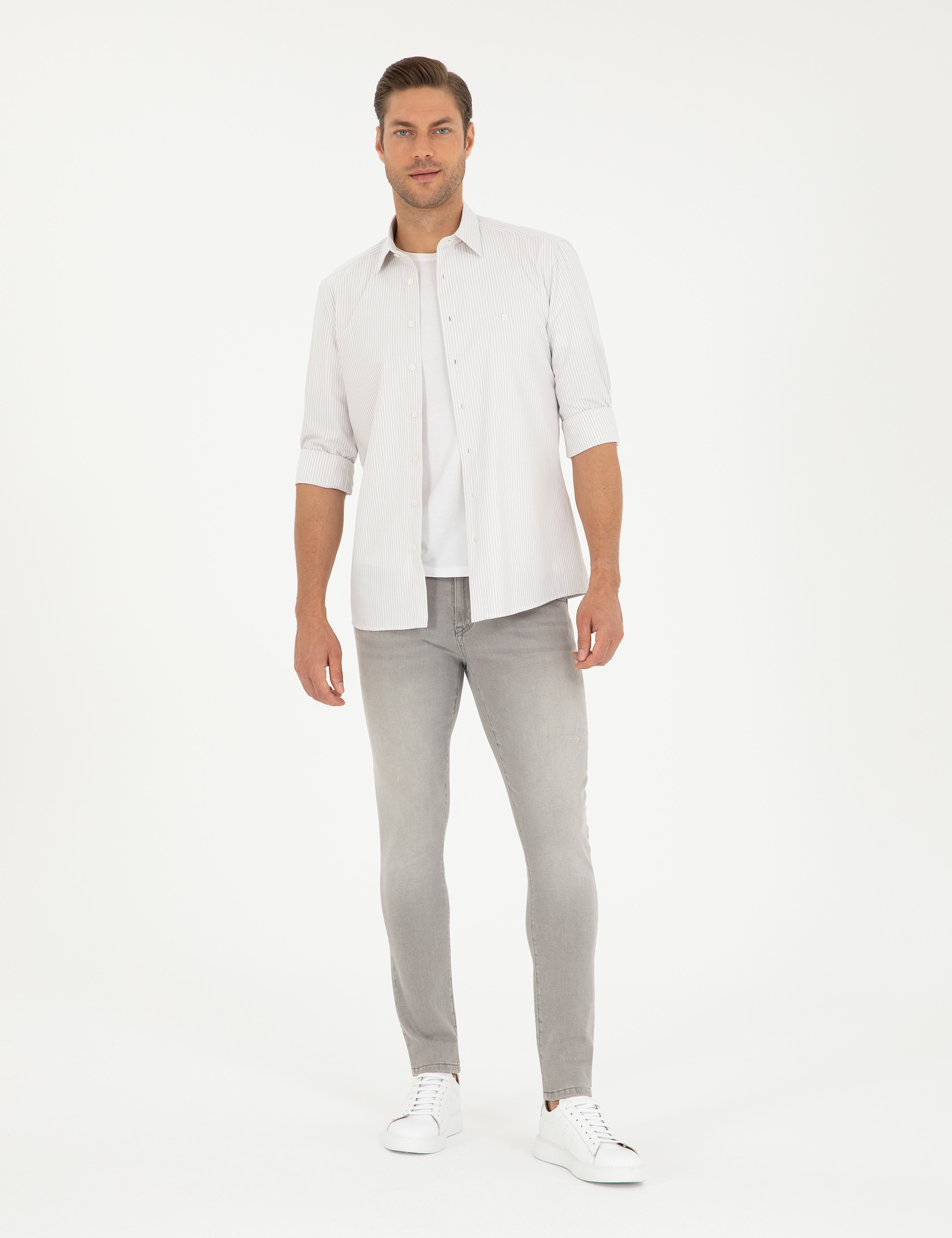 Açık Gri Slim Fit Uzun Kollu Gömlek - Image 4