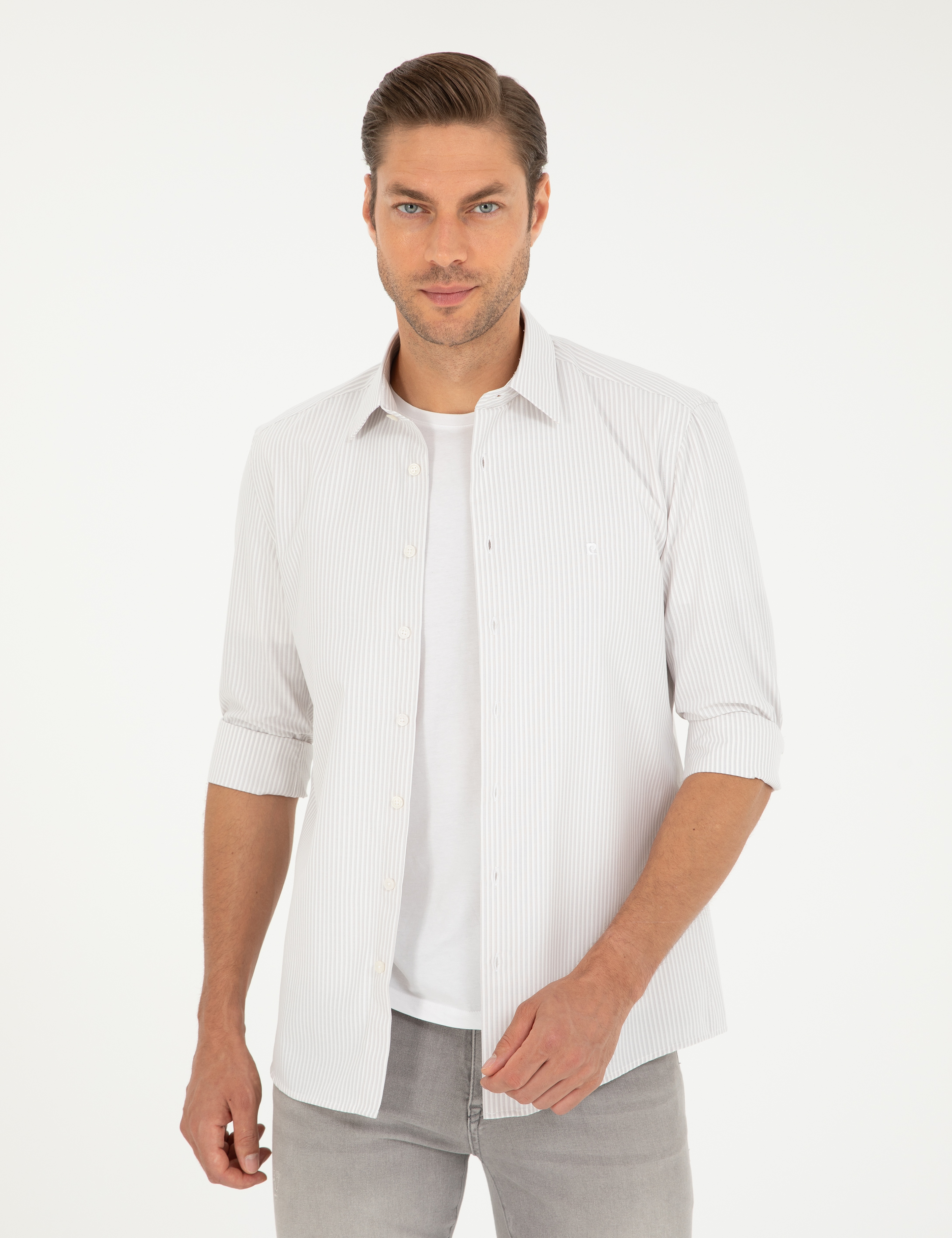 Açık Gri Slim Fit Uzun Kollu Gömlek - Image 3