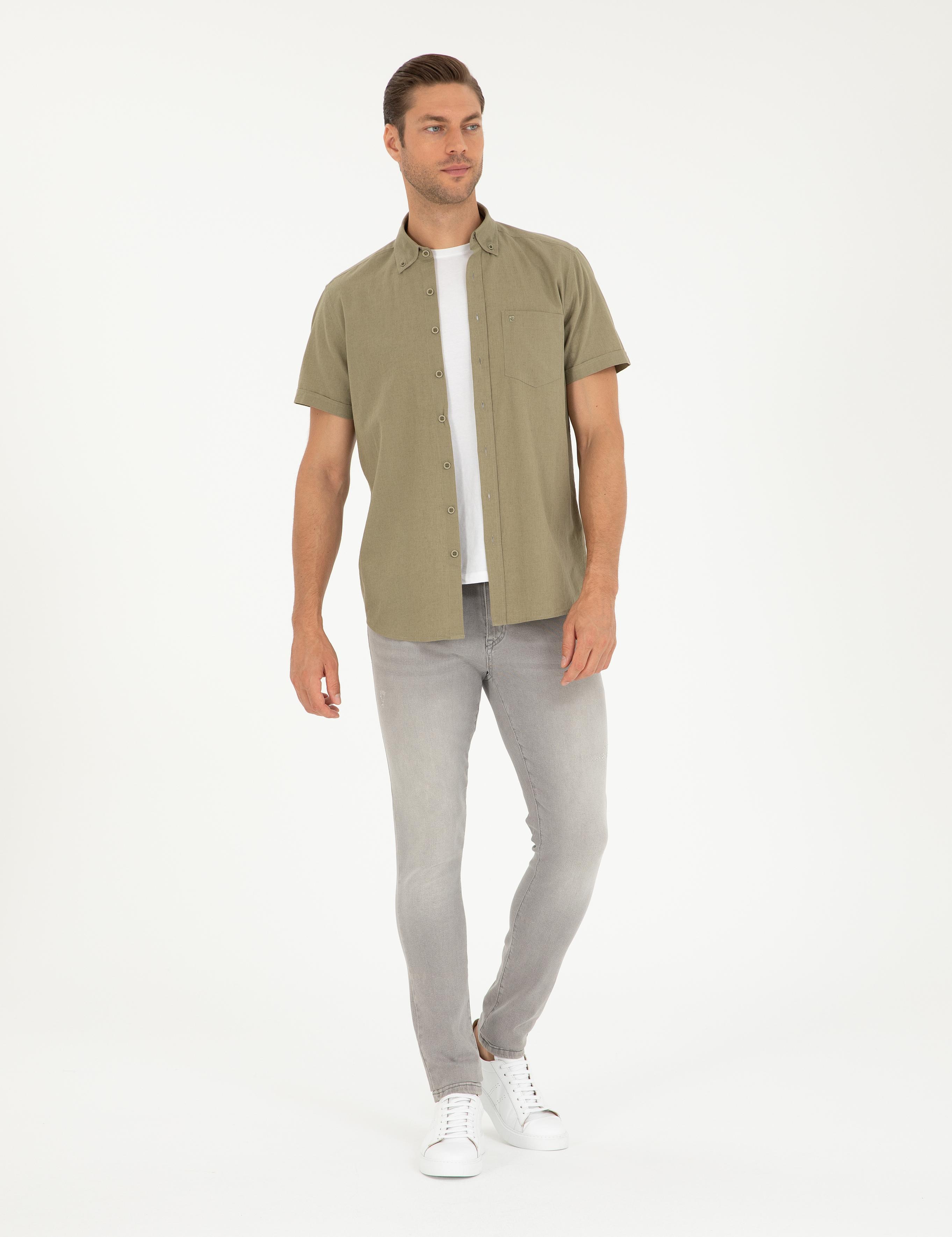 Haki Keten Karışımlı Regular Fit Kısa Kollu Gömlek