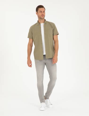 Haki Keten Karışımlı Regular Fit Kısa Kollu Gömlek